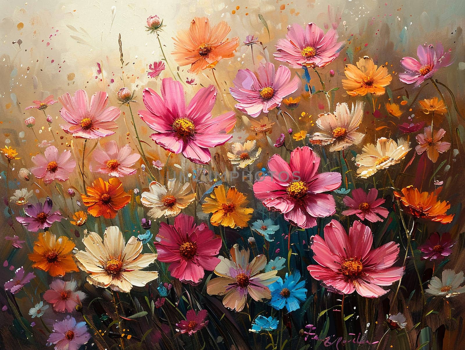 Flower garden at sunrise, beautiful royalty-free painting in oils, capturing the soft light and dew on petals.