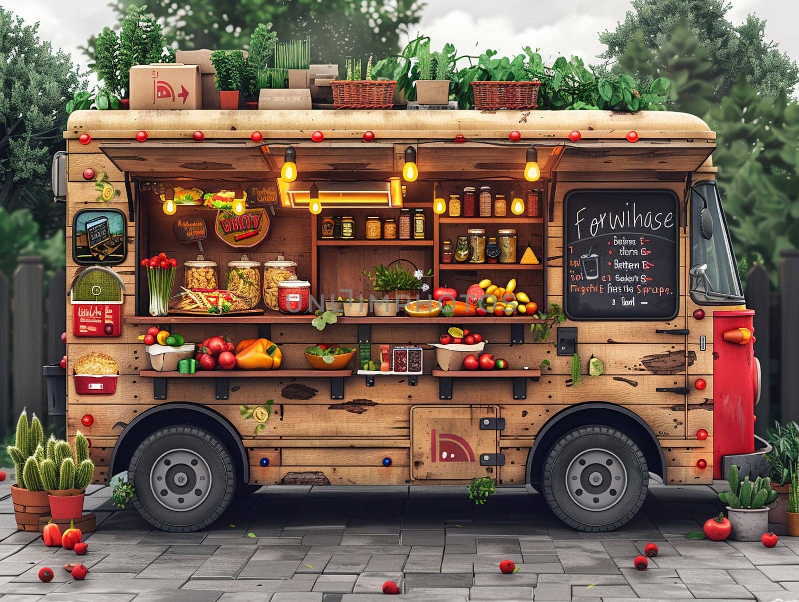 Food truck festival in cartoon style, designed with cute stock illustrations of diverse culinary offerings.