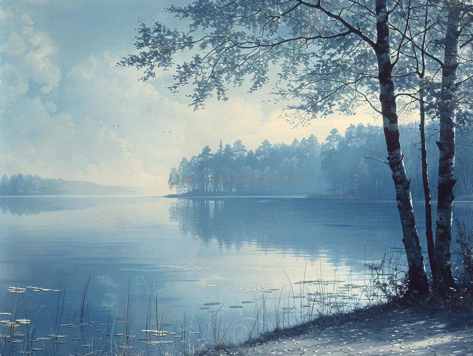 Drawing of a serene lakeside view, beautifully rendered in acrylics with reflections in the water.