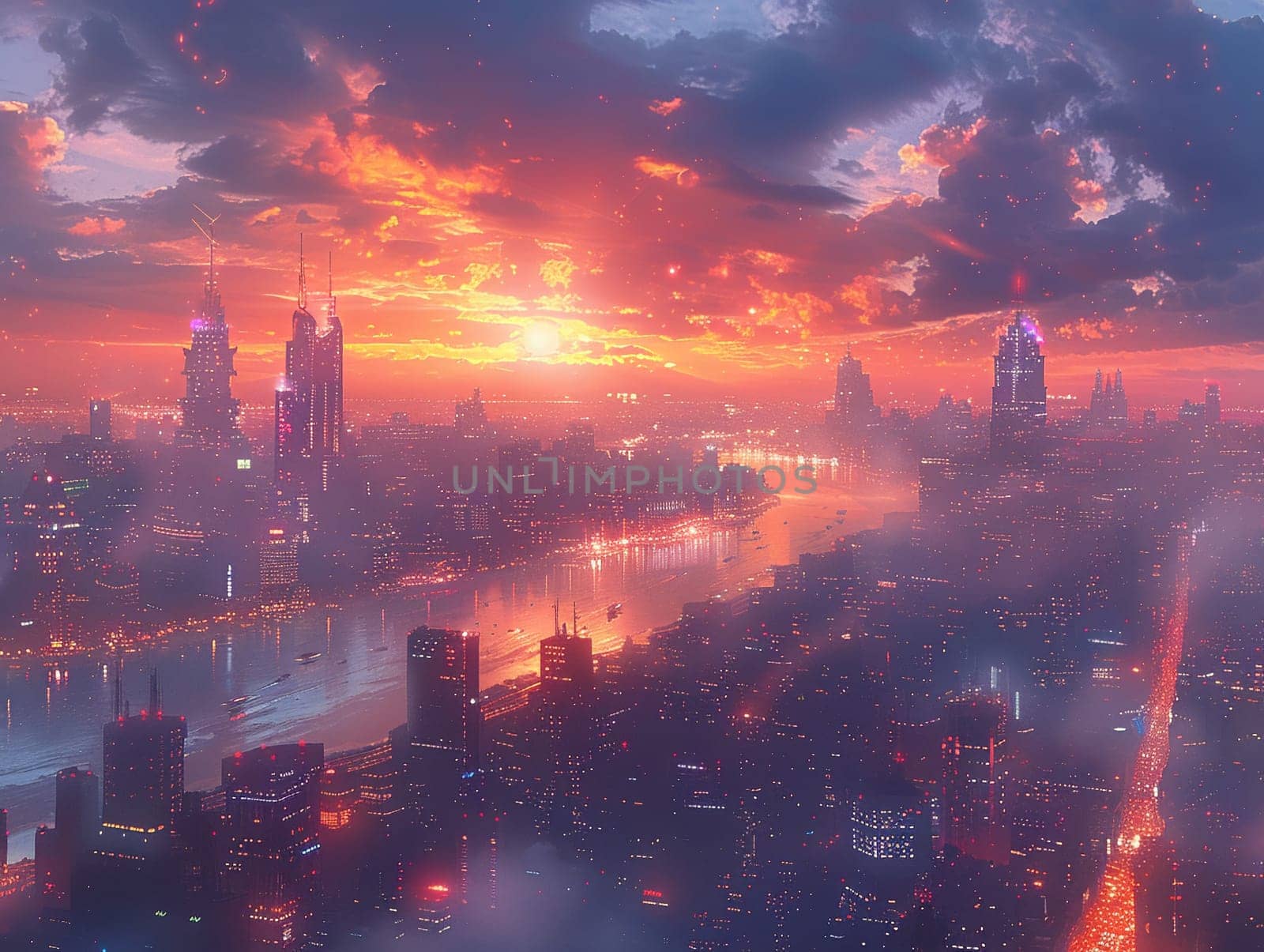 Digital skyline at dusk, merging realism with futuristic anime aesthetics.