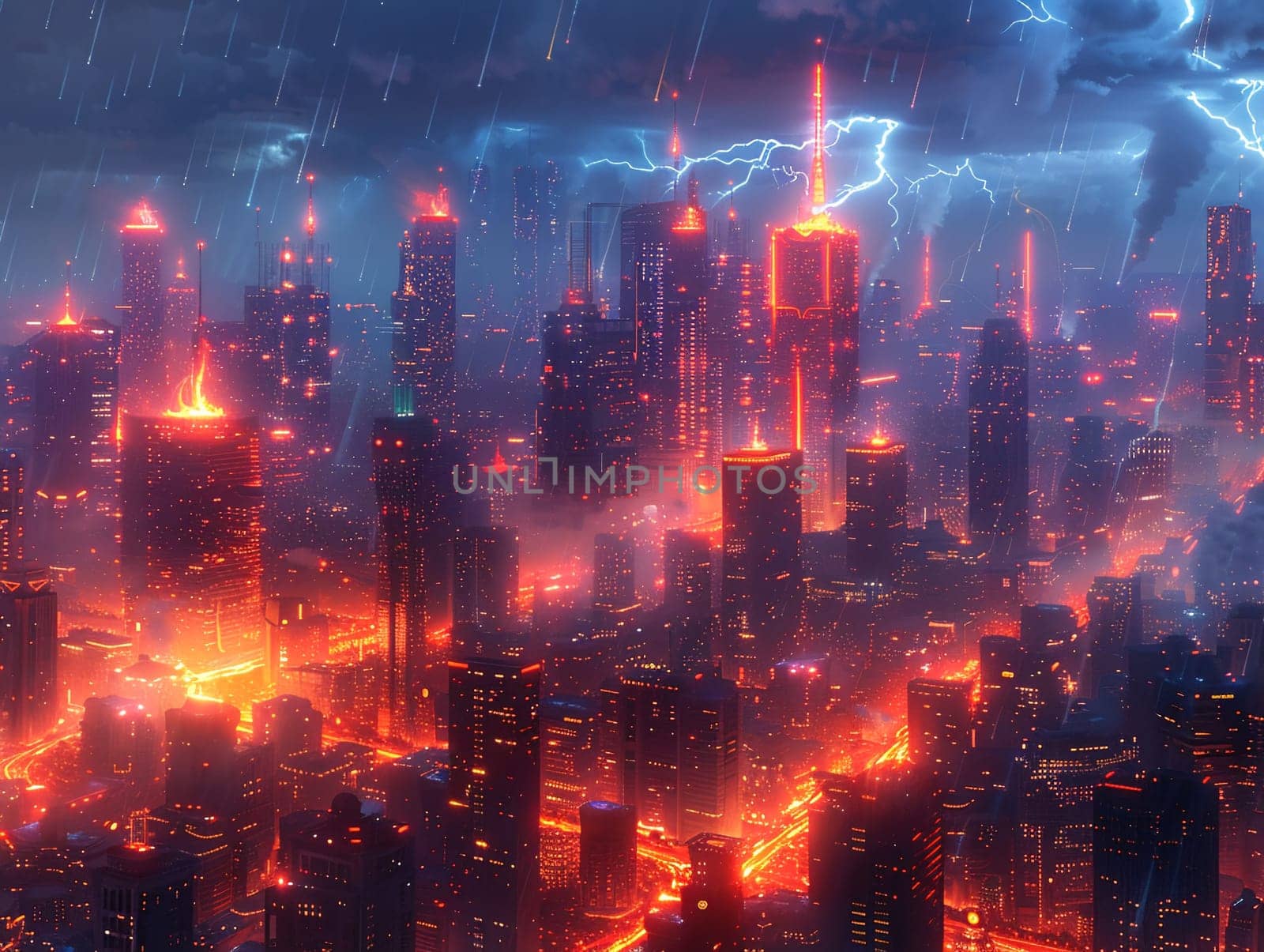 Electricity coursing through a futuristic city by Benzoix