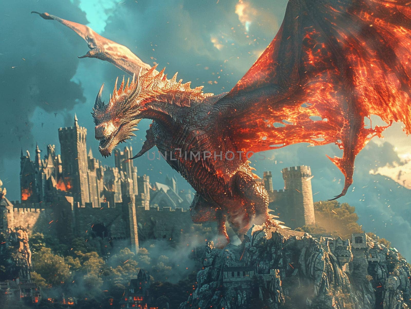 Dragon soaring above a medieval castle by Benzoix