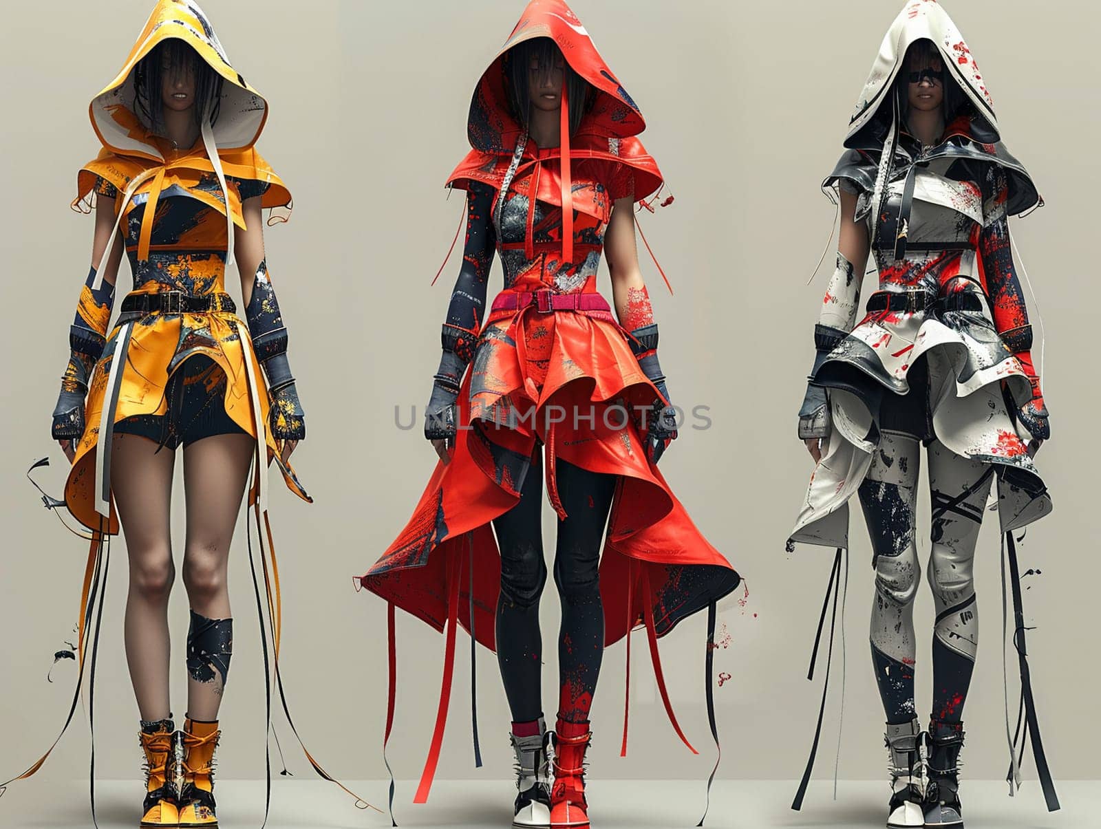 Fashion runway show, illustrated with dynamic poses and avant-garde anime clothing designs.