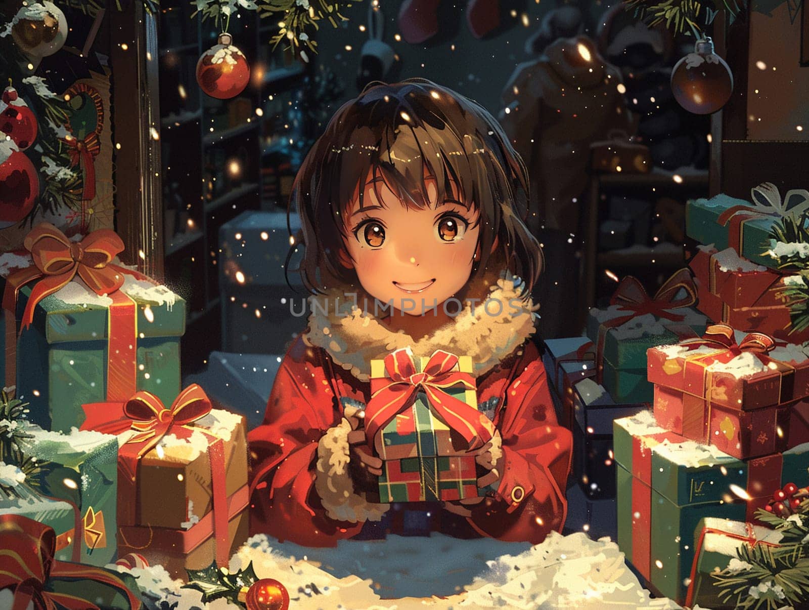 Christmas morning unwrapping gifts, anime illustration capturing joy and surprise.