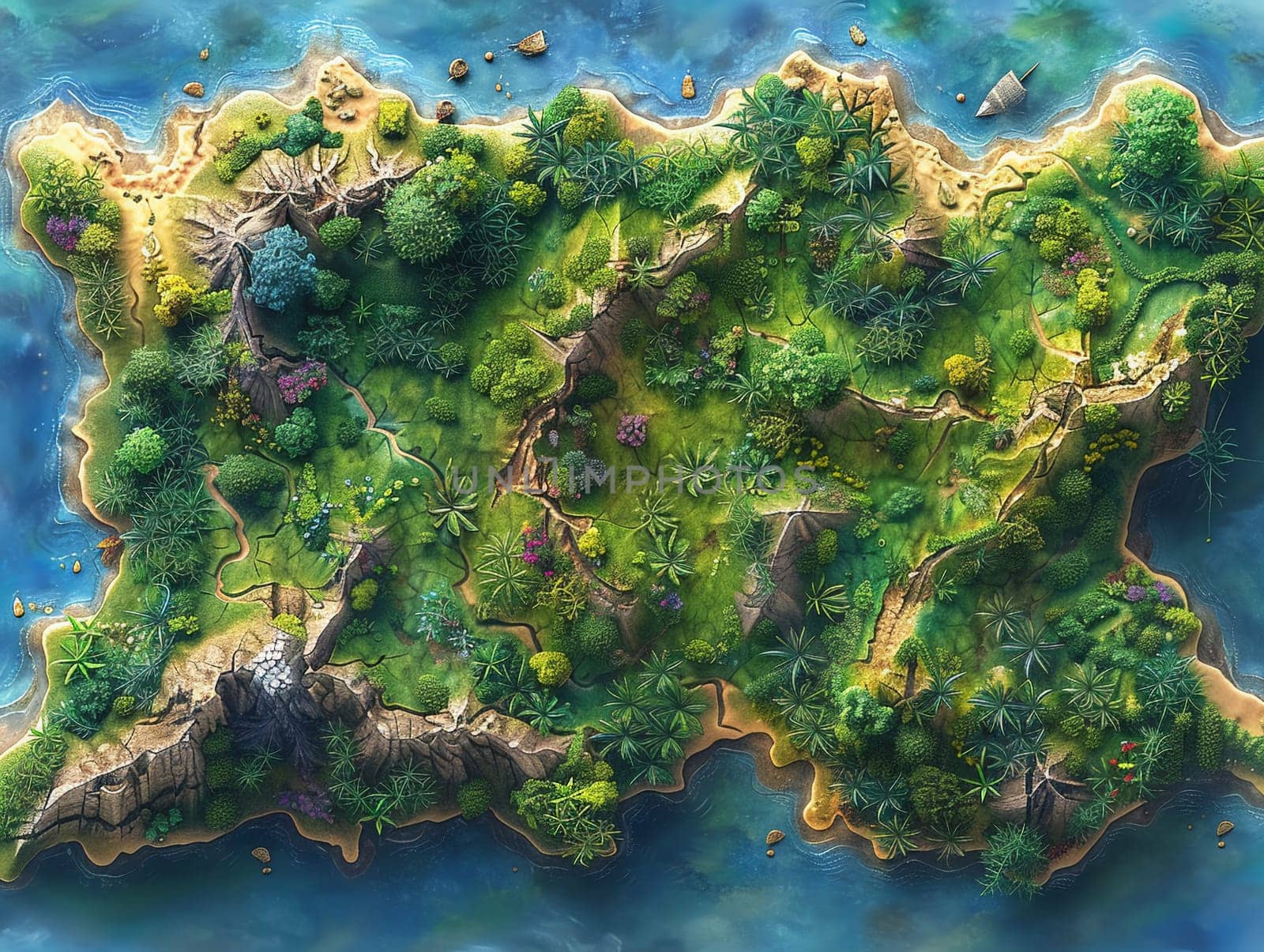 Map of a fictional world with diverse biomes, digital art inviting exploration and storytelling.