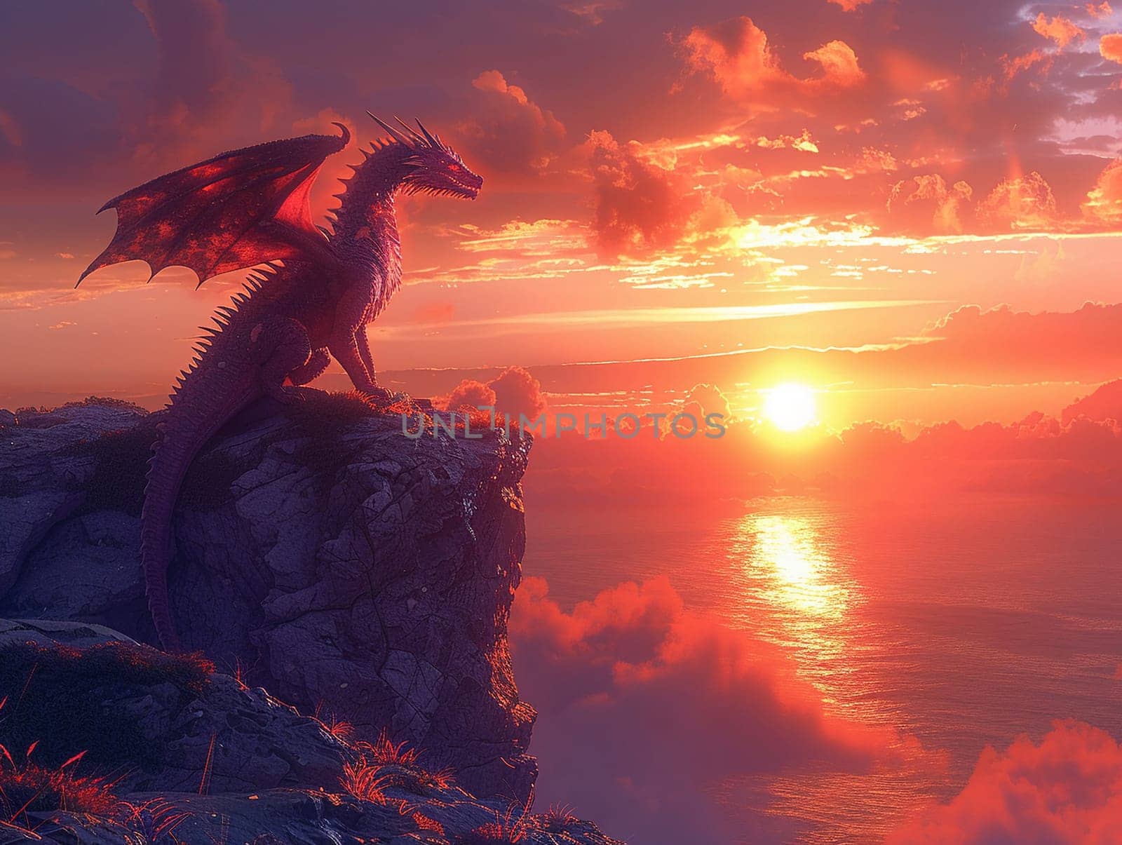 Dragon perched atop a craggy cliff at sunset by Benzoix