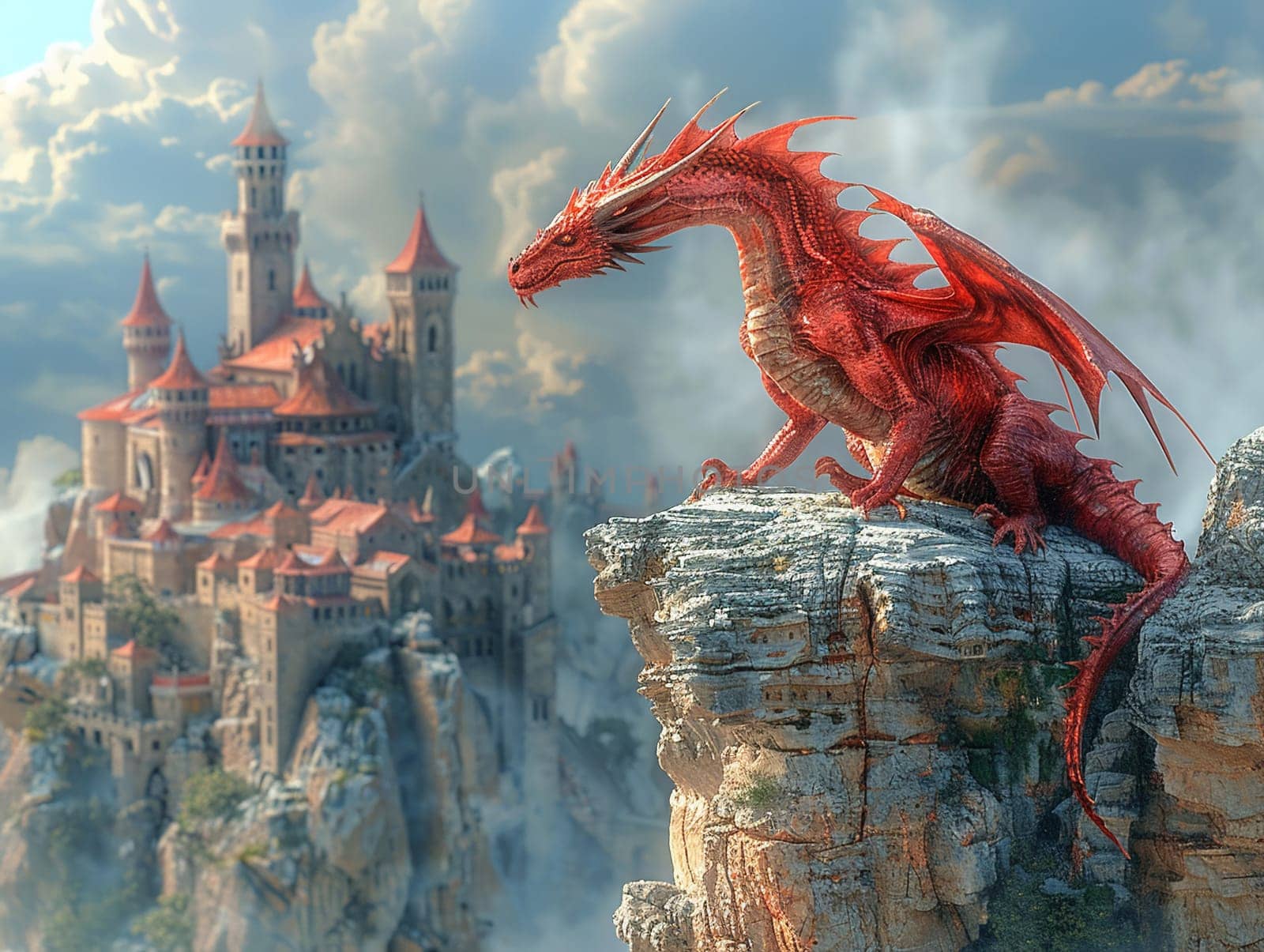Dragon perched atop a castle, blending 3D style with traditional fantasy illustration.