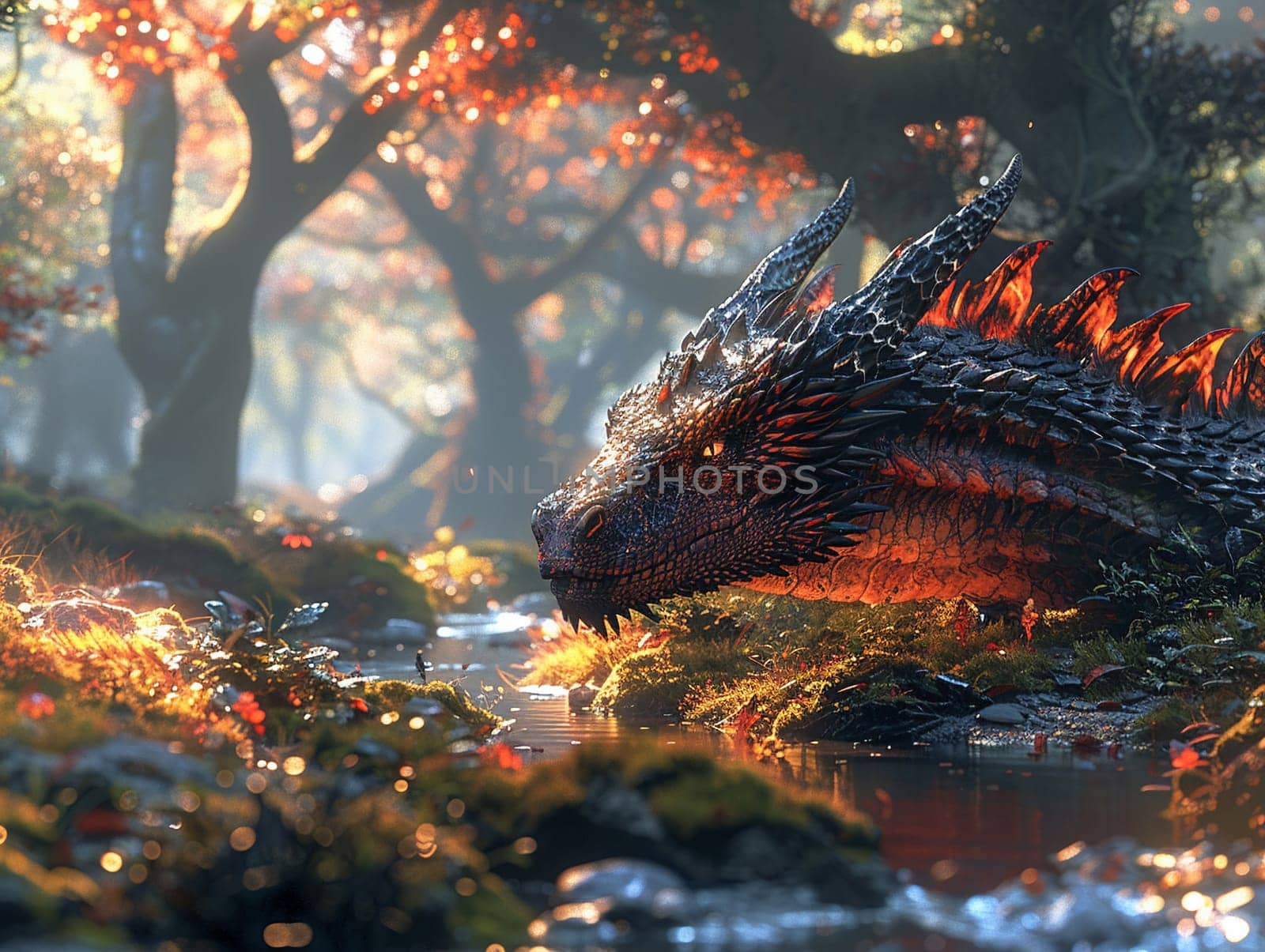 Dragon's lair hidden in a mystical forest, beautifully rendered in digital art with atmospheric lighting.