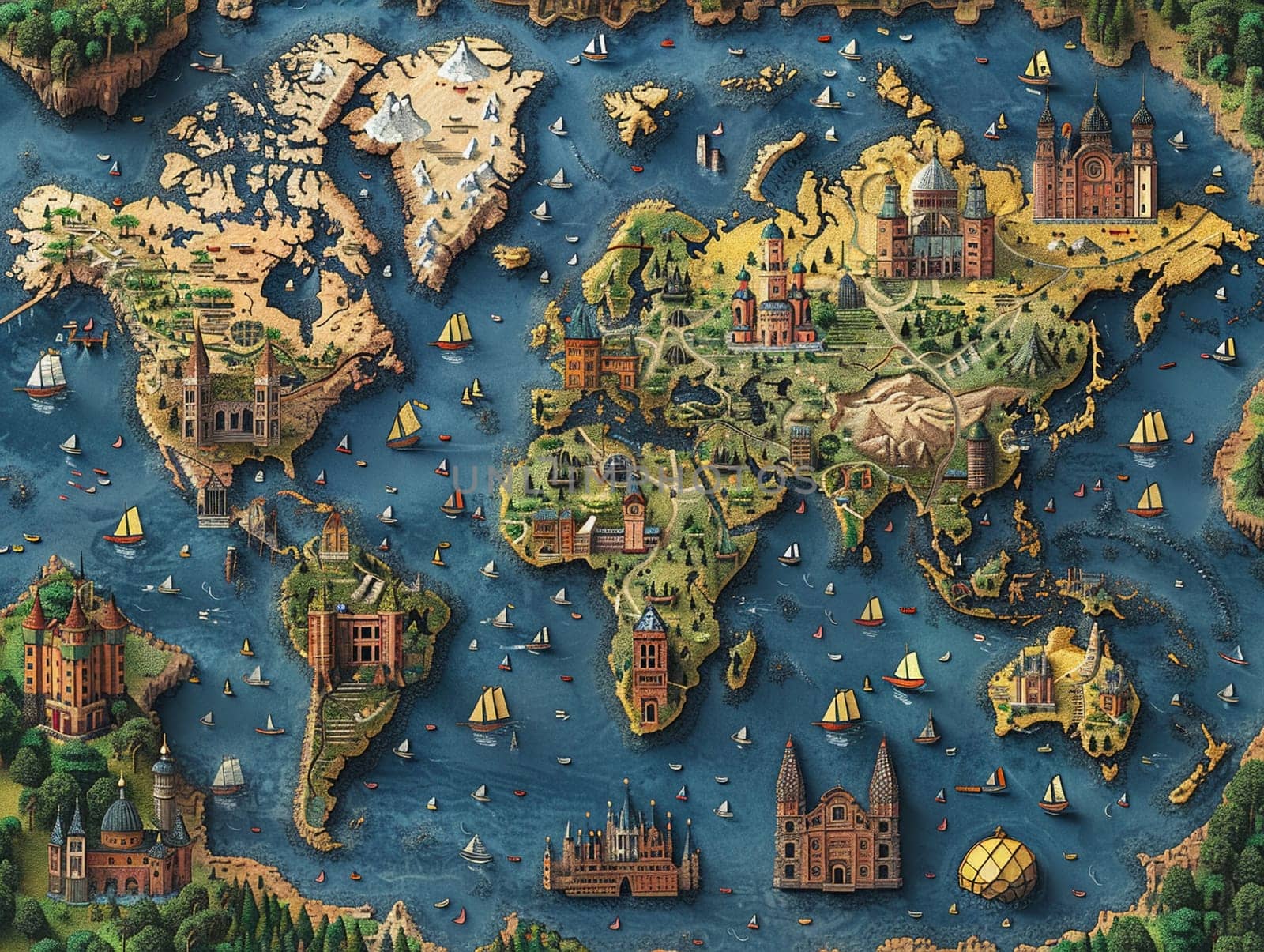 World map in a unique digital art style, creatively highlighting different cultures and landmarks.