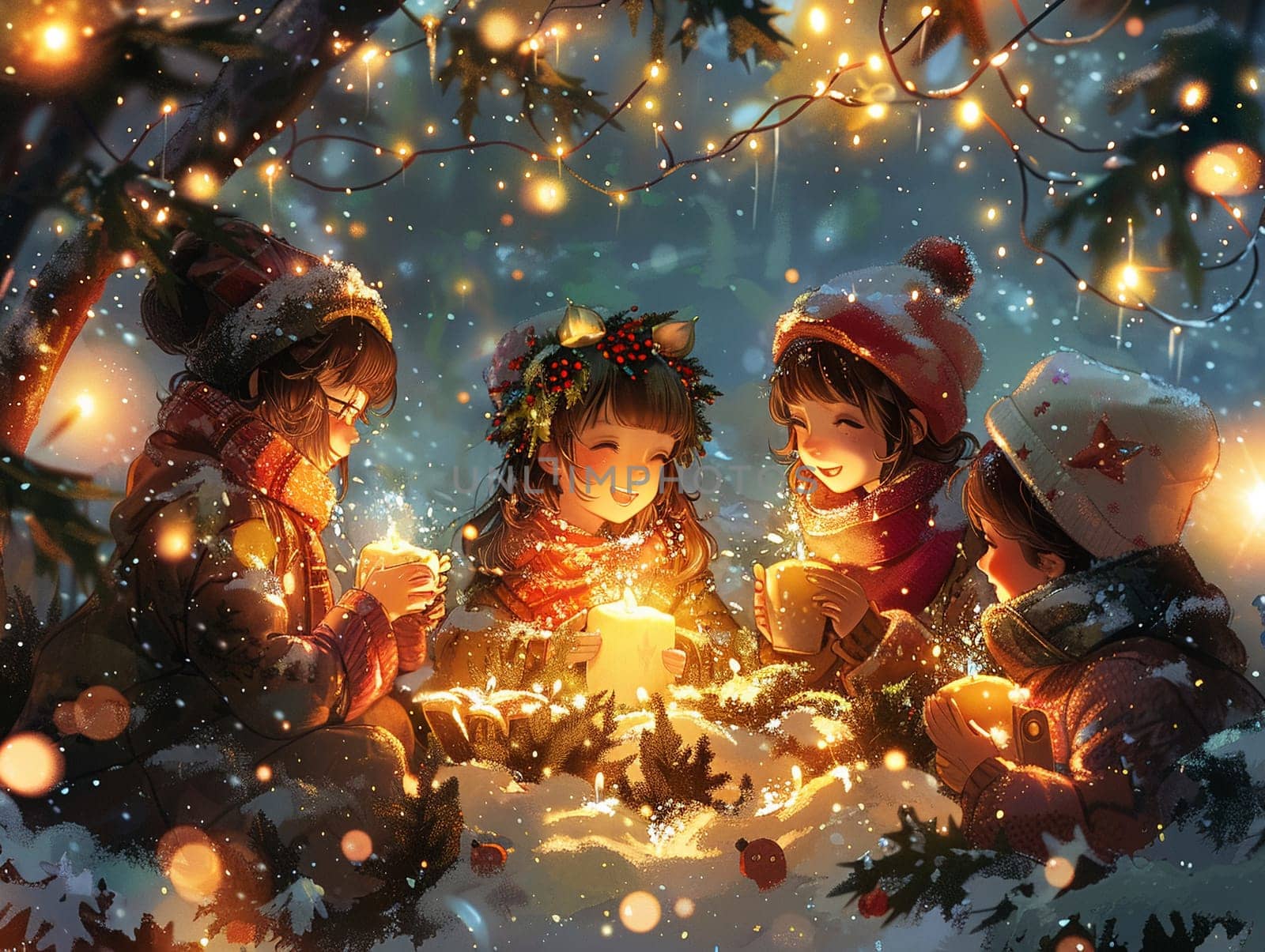 Christmas scene illustration with anime characters enjoying a festive celebration under snowfall. by Benzoix