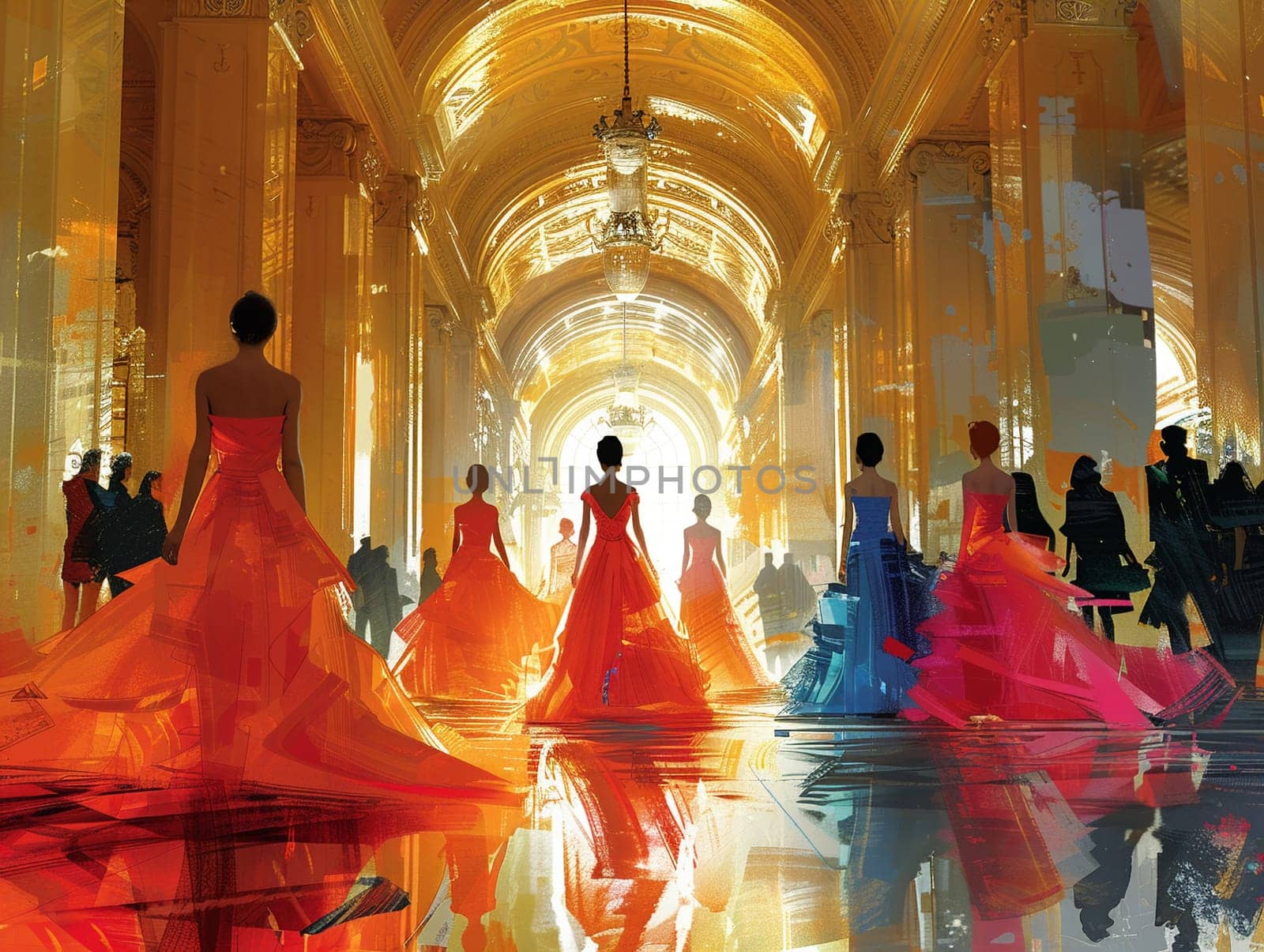 Fashion show runway in a grand palace, illustration with elegant models and exquisite dresses.