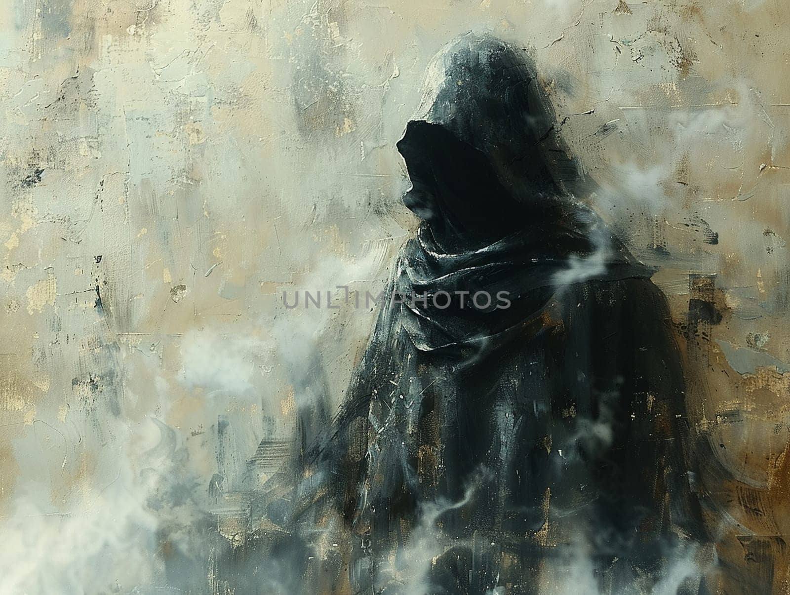 Digital art portrait of a mysterious figure cloaked in shadows by Benzoix