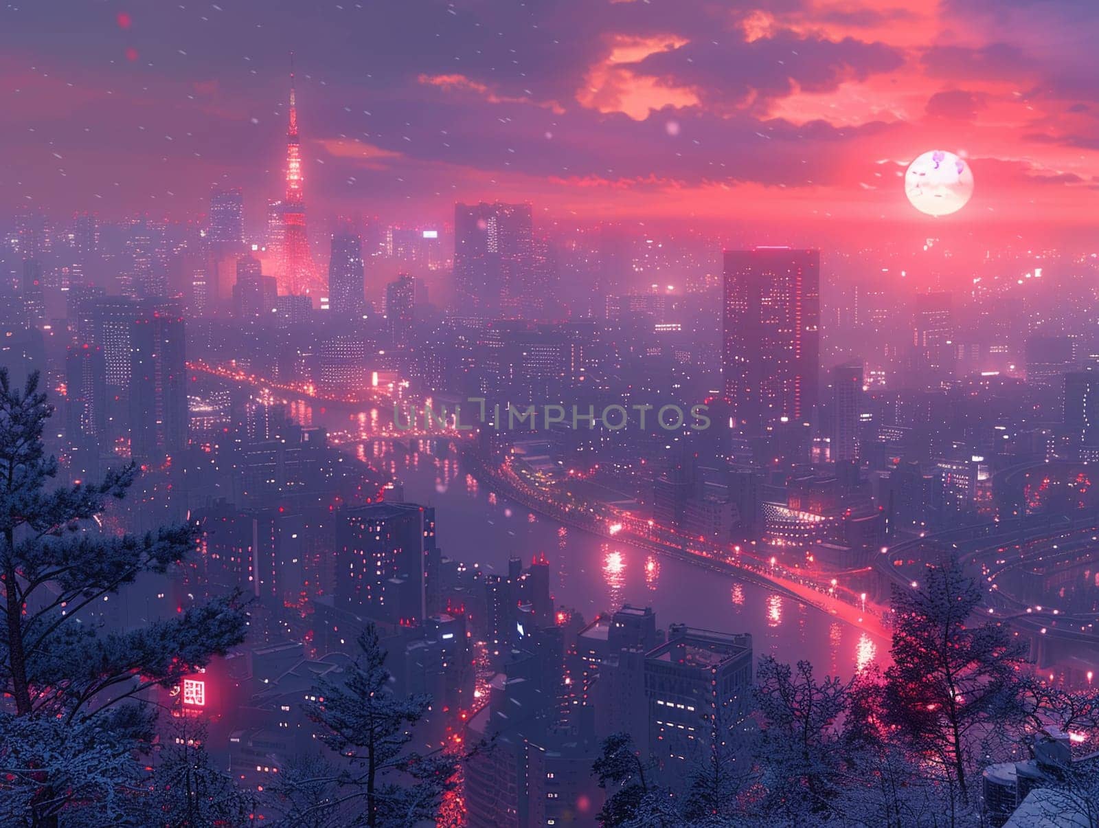 Digital skyline at dusk, merging realism with futuristic anime aesthetics.