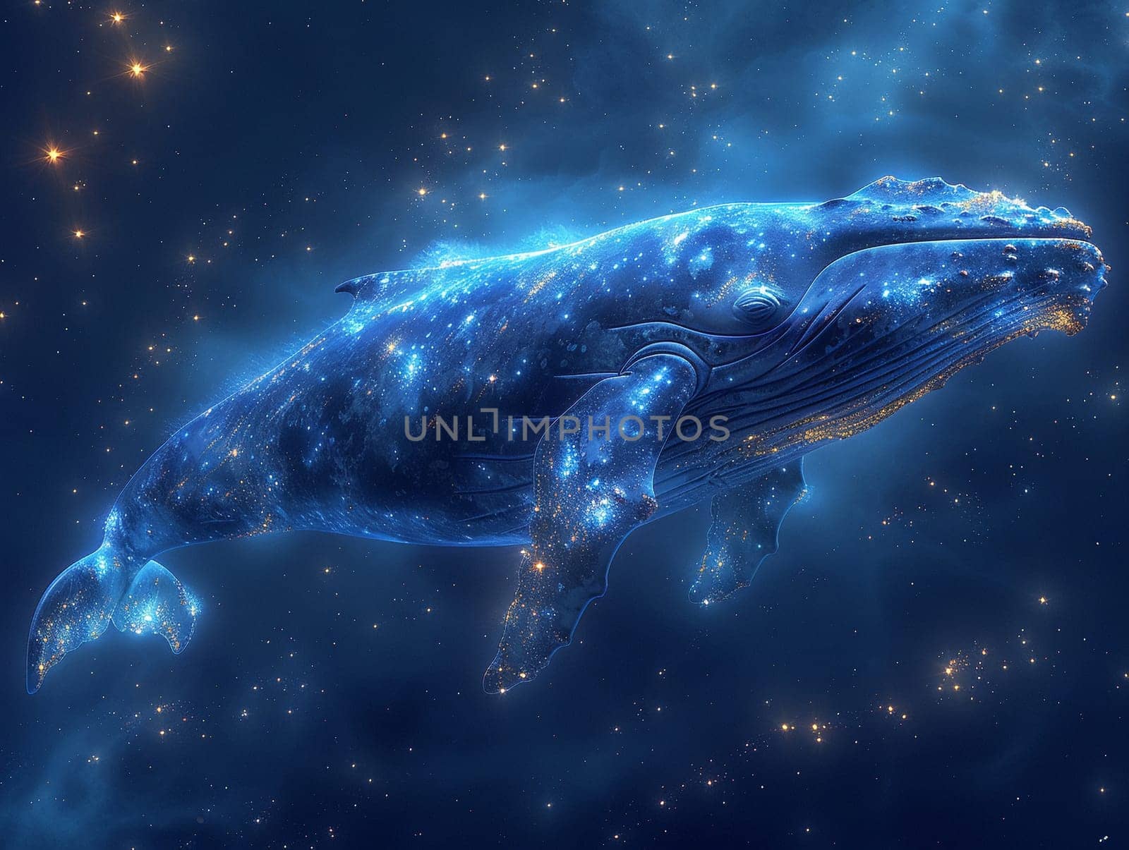 Whale constellation in the night sky, digital art blending astronomy with marine beauty.