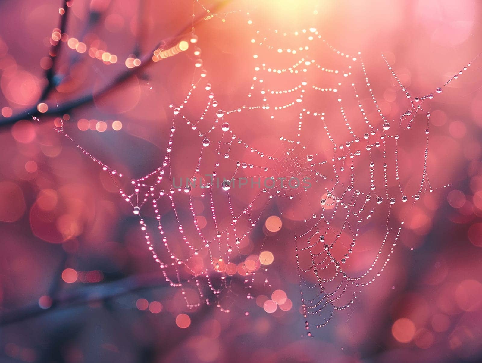 Water droplets on a spider web, surface illustration capturing the delicate balance and beauty of nature.