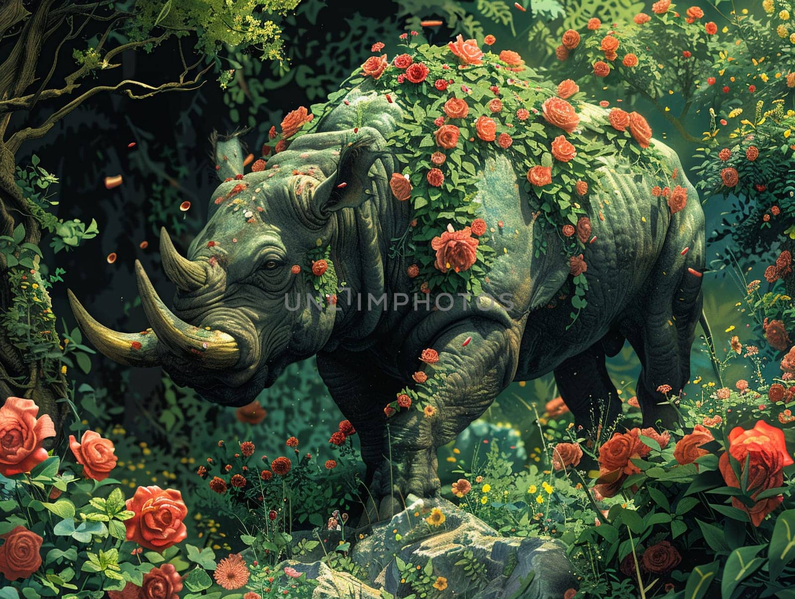 Animal kingdom reimagined with fantastical beasts in a lush, illustrated environment.