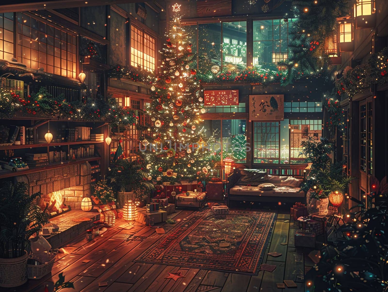 Christmas Eve in a cozy anime household, with warm lights and a sense of togetherness.