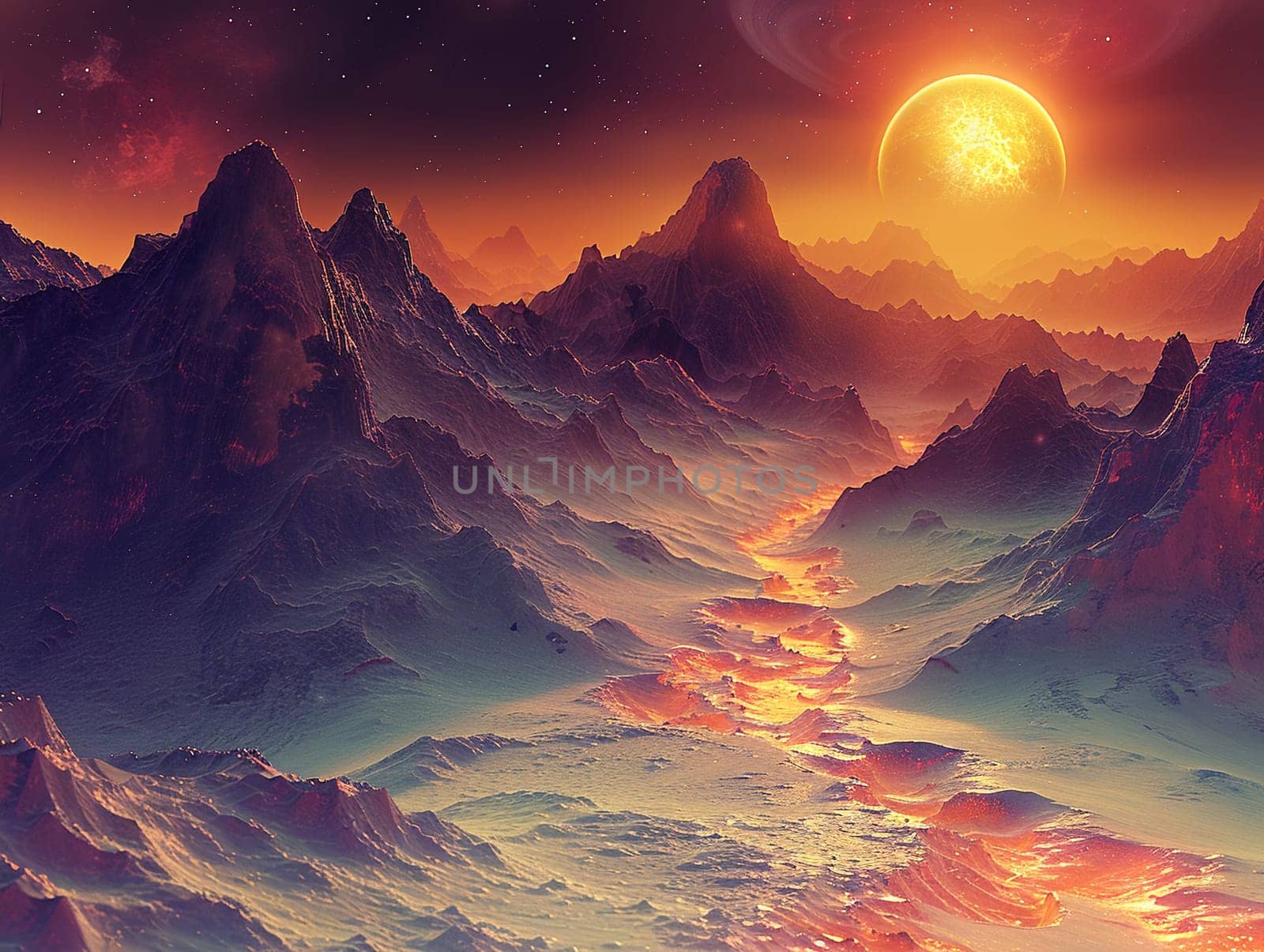 Textured surface of an alien planet, illustrated with rich colors and 3D style effects.