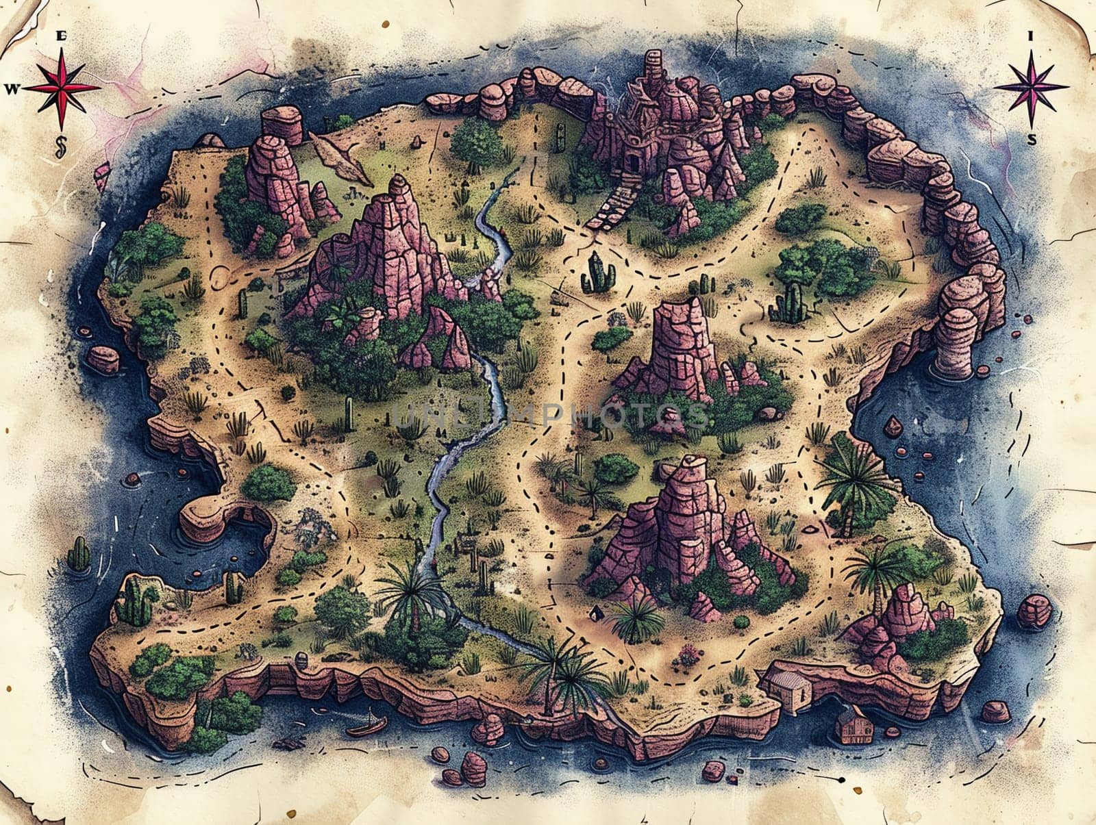 Map of a treasure island in a creative digital art style by Benzoix