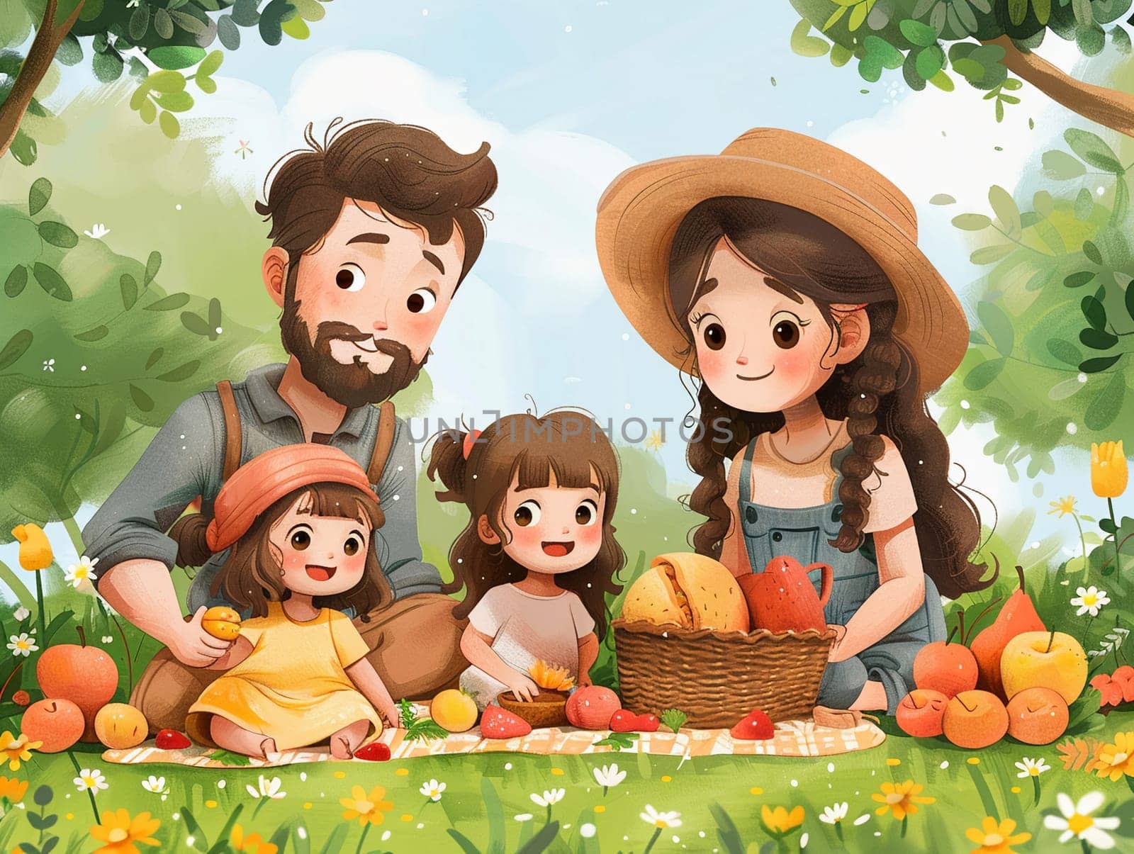 Cartoon family enjoying a picnic in the park, designed with bright colors and happy expressions.