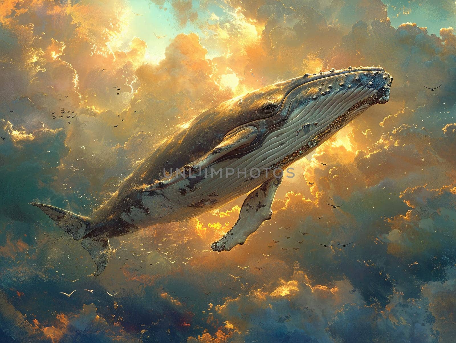Whale soaring through a cloud-filled sky, reimagining nature in a fantastical illustration.
