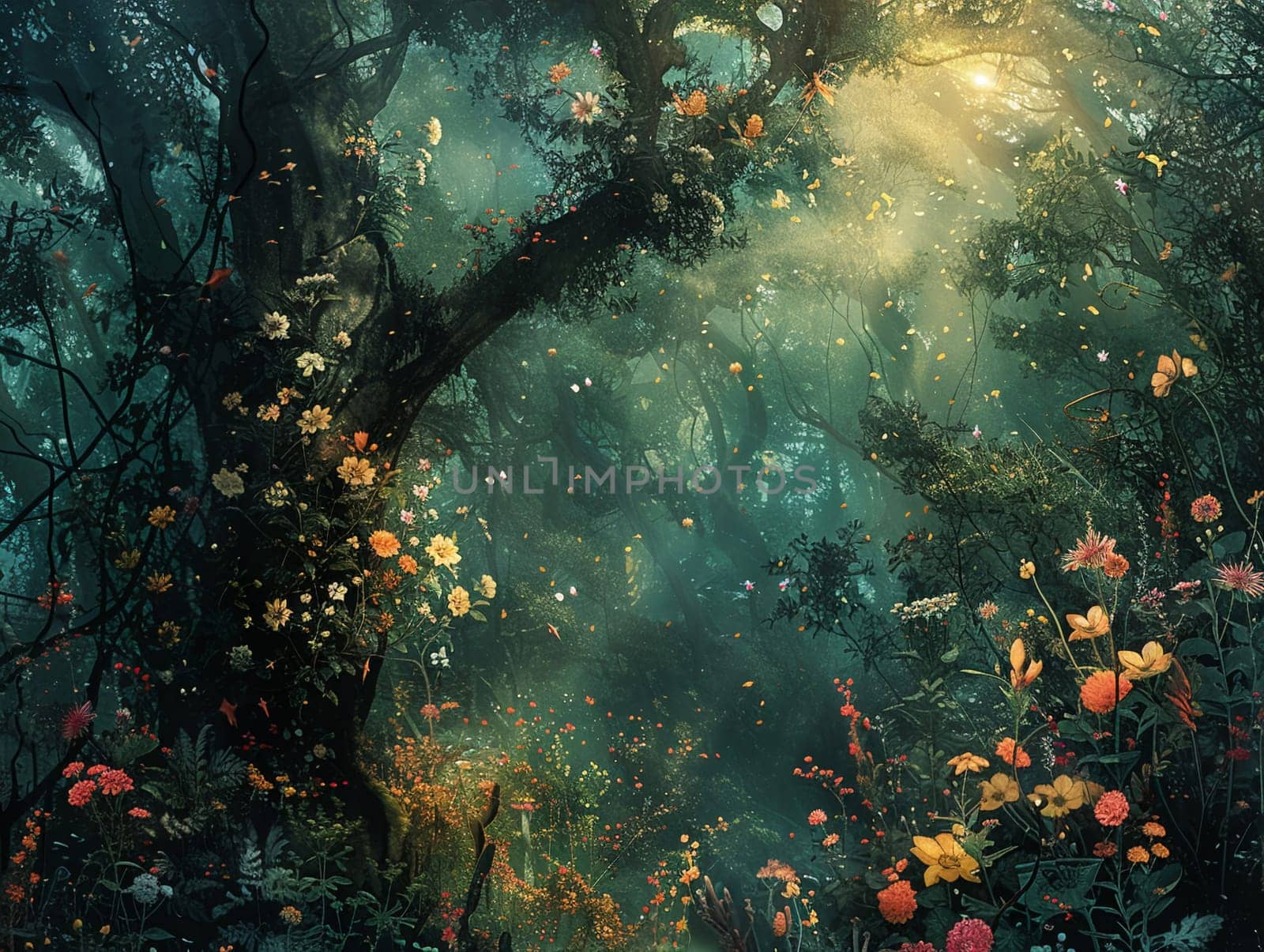 Photoshop creation of an enchanted forest, filled with whimsical creatures and foliage.