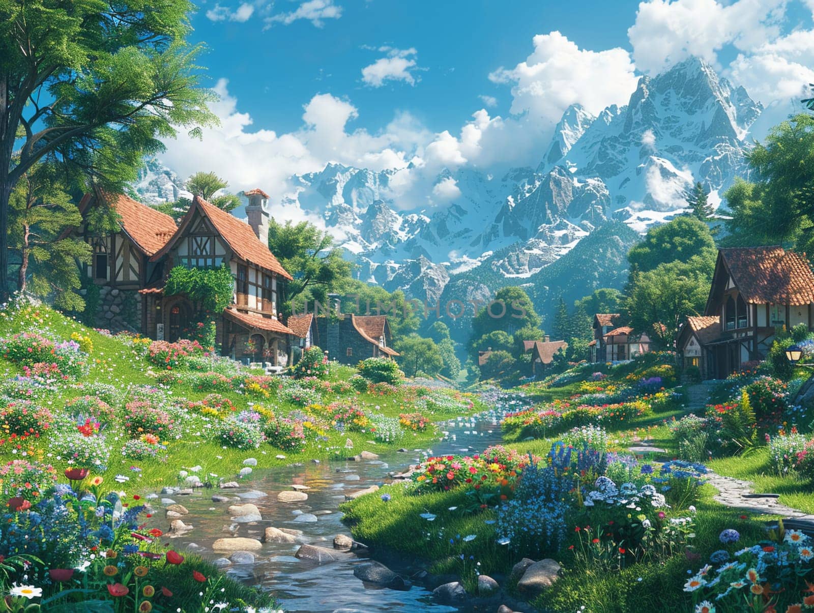 Digitally created image of a peaceful village, blending anime charm with realistic textures.