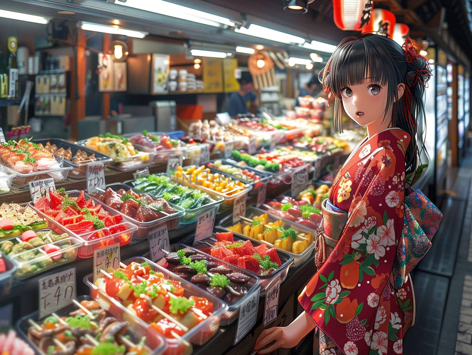 Food market bustling with anime characters, showcasing a variety of illustrated culinary delights.