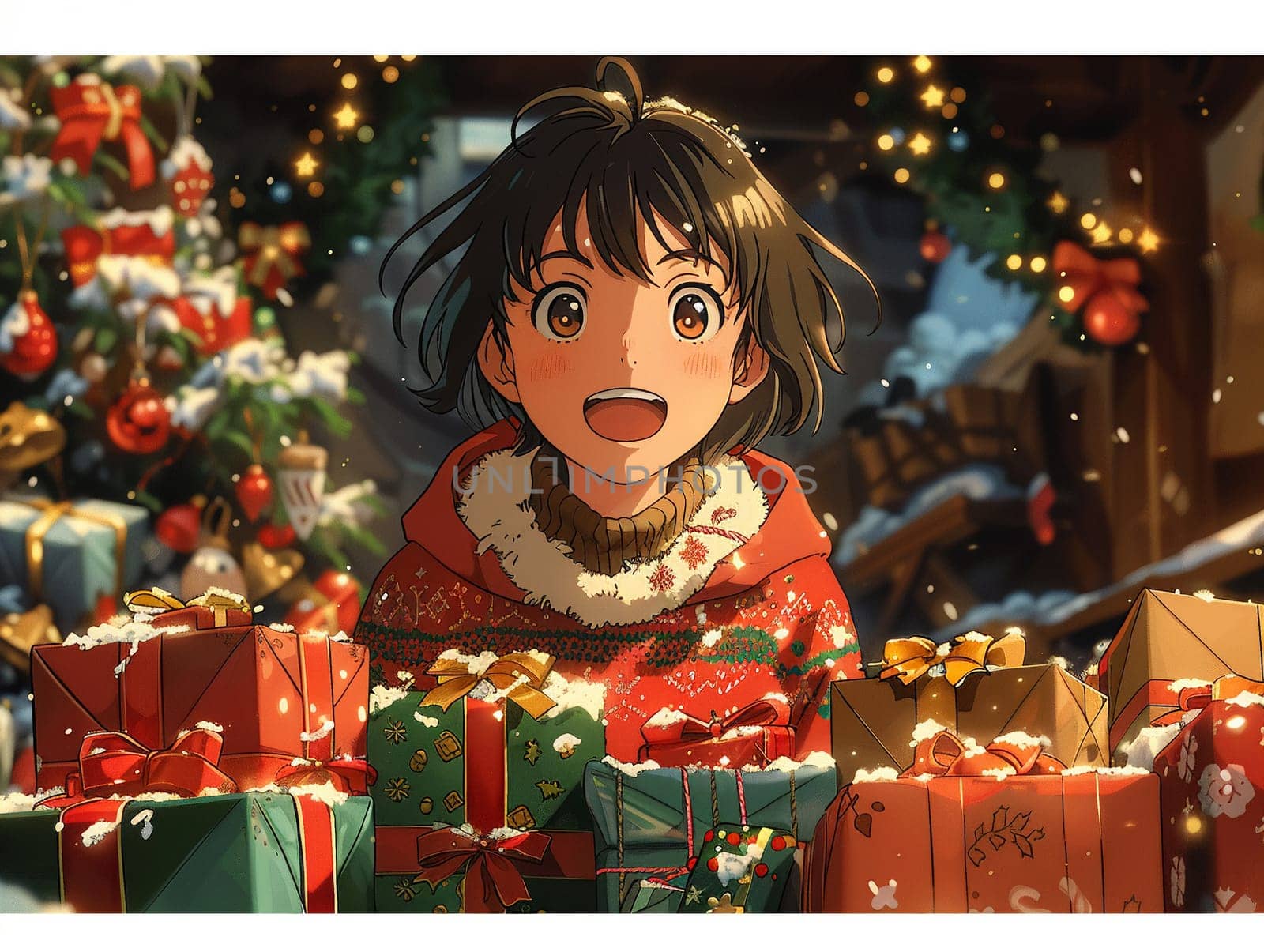 Christmas morning unwrapping gifts, anime illustration capturing joy and surprise.