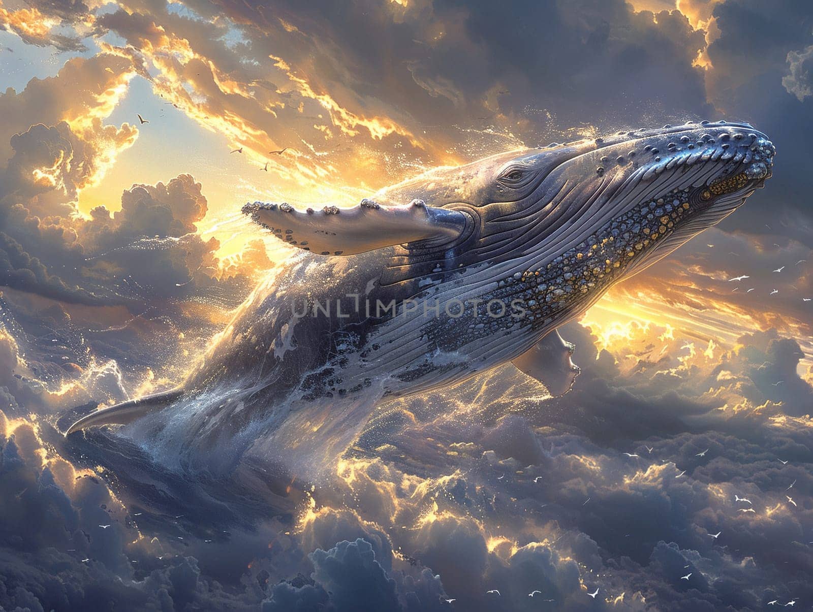 Whale soaring through a cloud-filled sky by Benzoix
