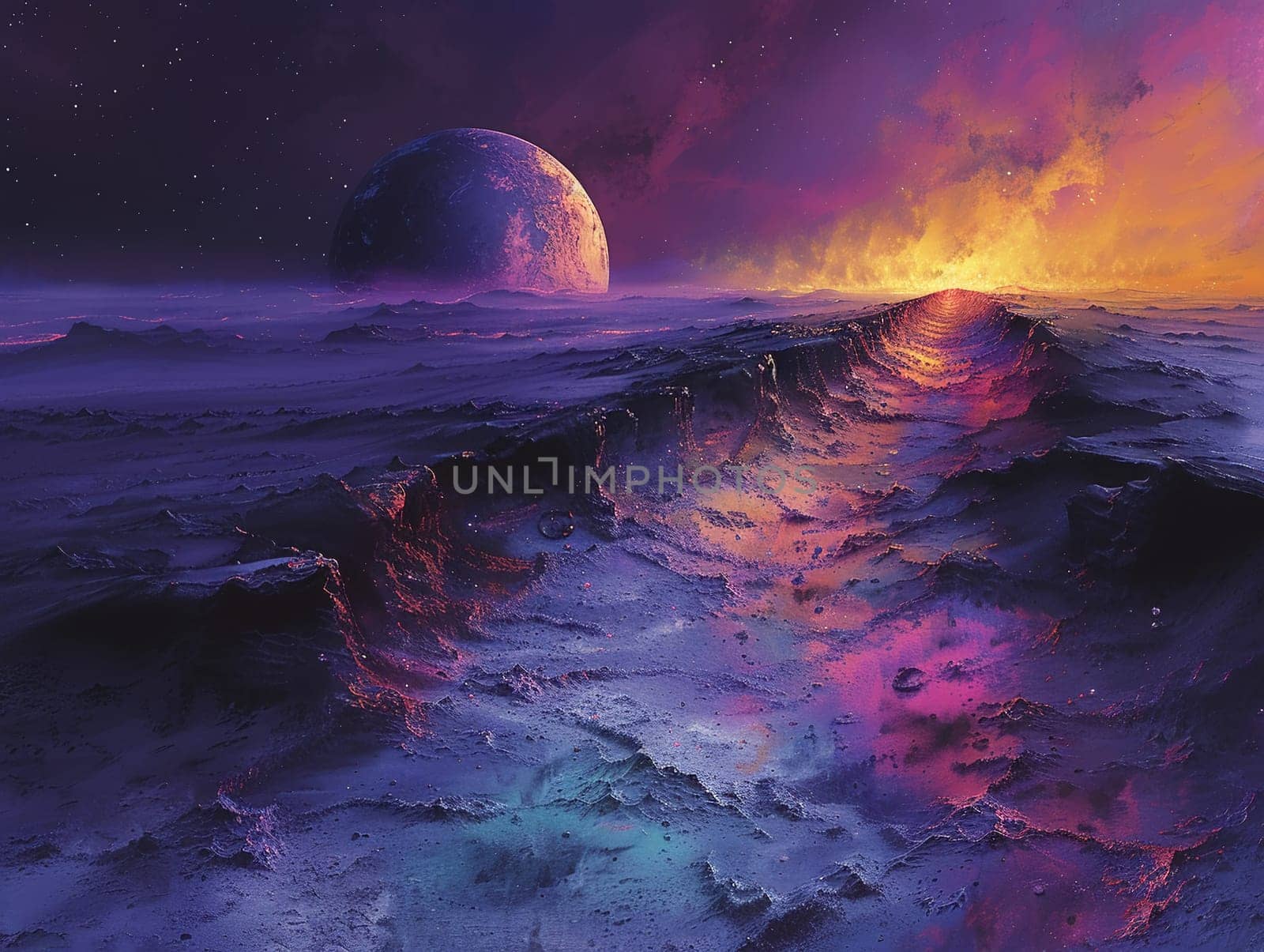 Textured surface of an alien planet, illustrated with rich colors and 3D style effects.