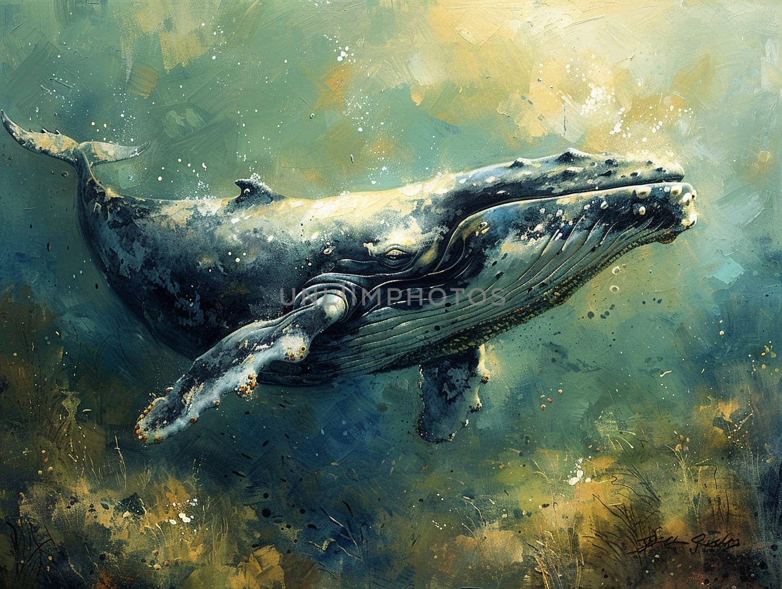 Whale diving into the depths, beautiful royalty-free painting capturing the majestic and serene underwater world.