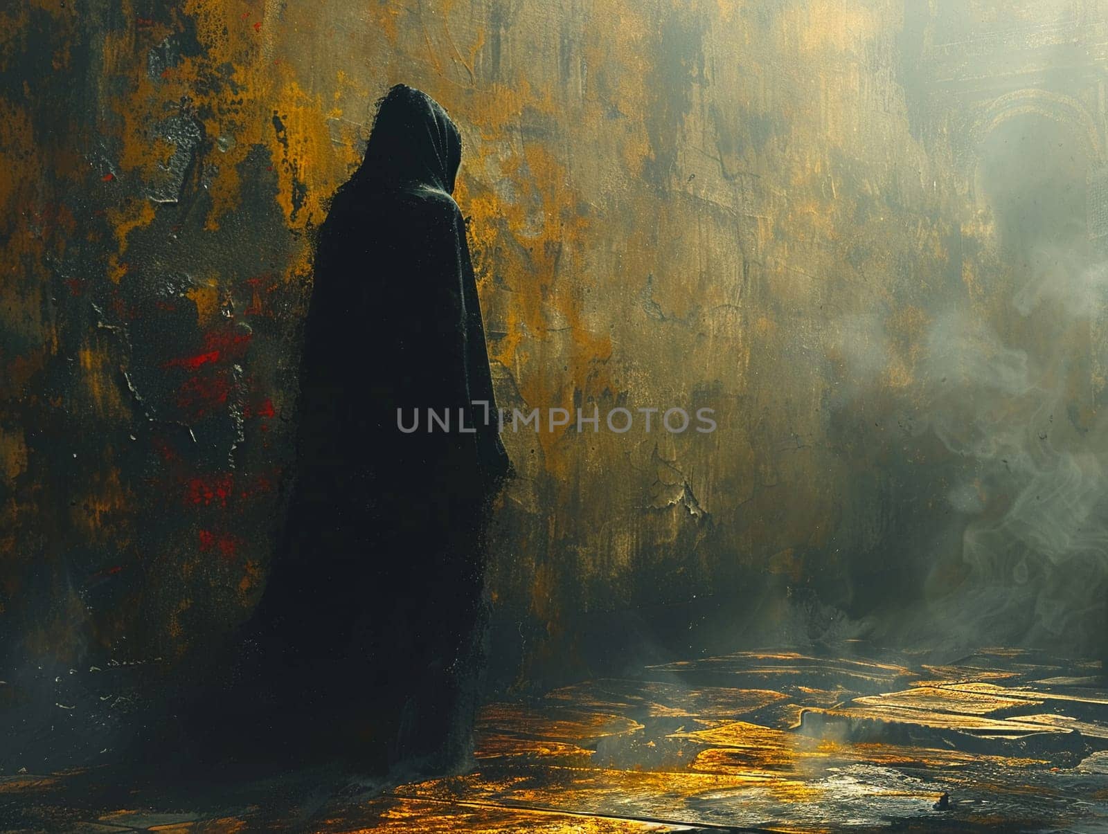 Digital art portrait of a mysterious figure cloaked in shadows, exquisite paintings with a dramatic flair.