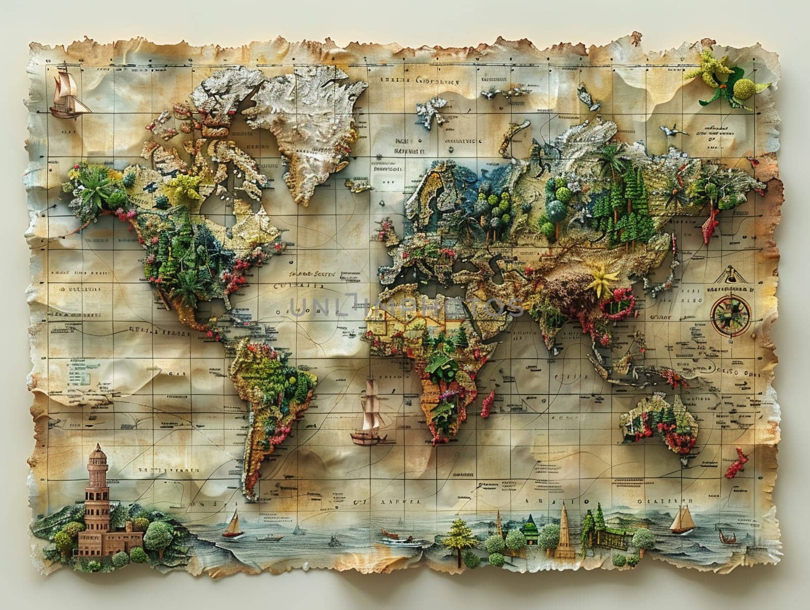 World map in a unique digital art style, creatively highlighting different cultures and landmarks.