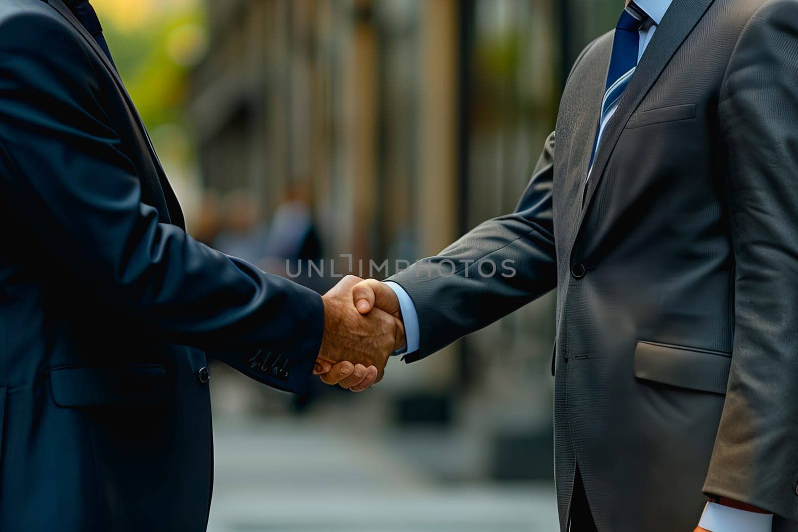 powerful handshake Male businessmen congratulate each other and respect each other. by Manastrong