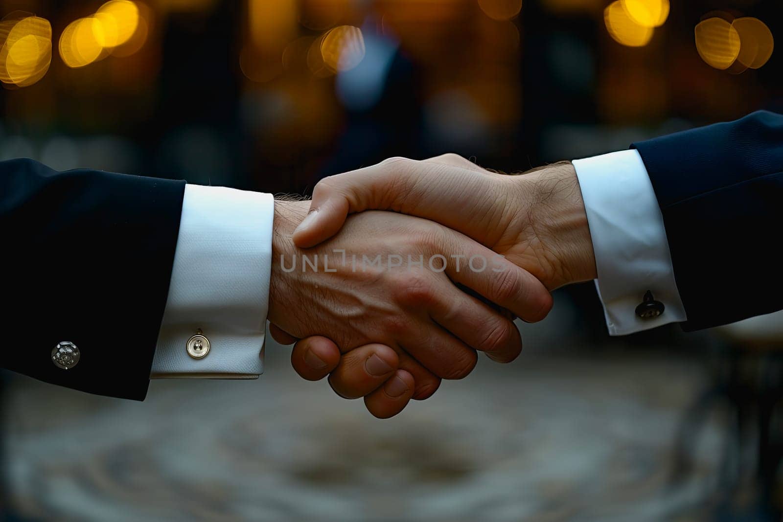 powerful handshake Male businessmen congratulate each other and respect each other. by Manastrong