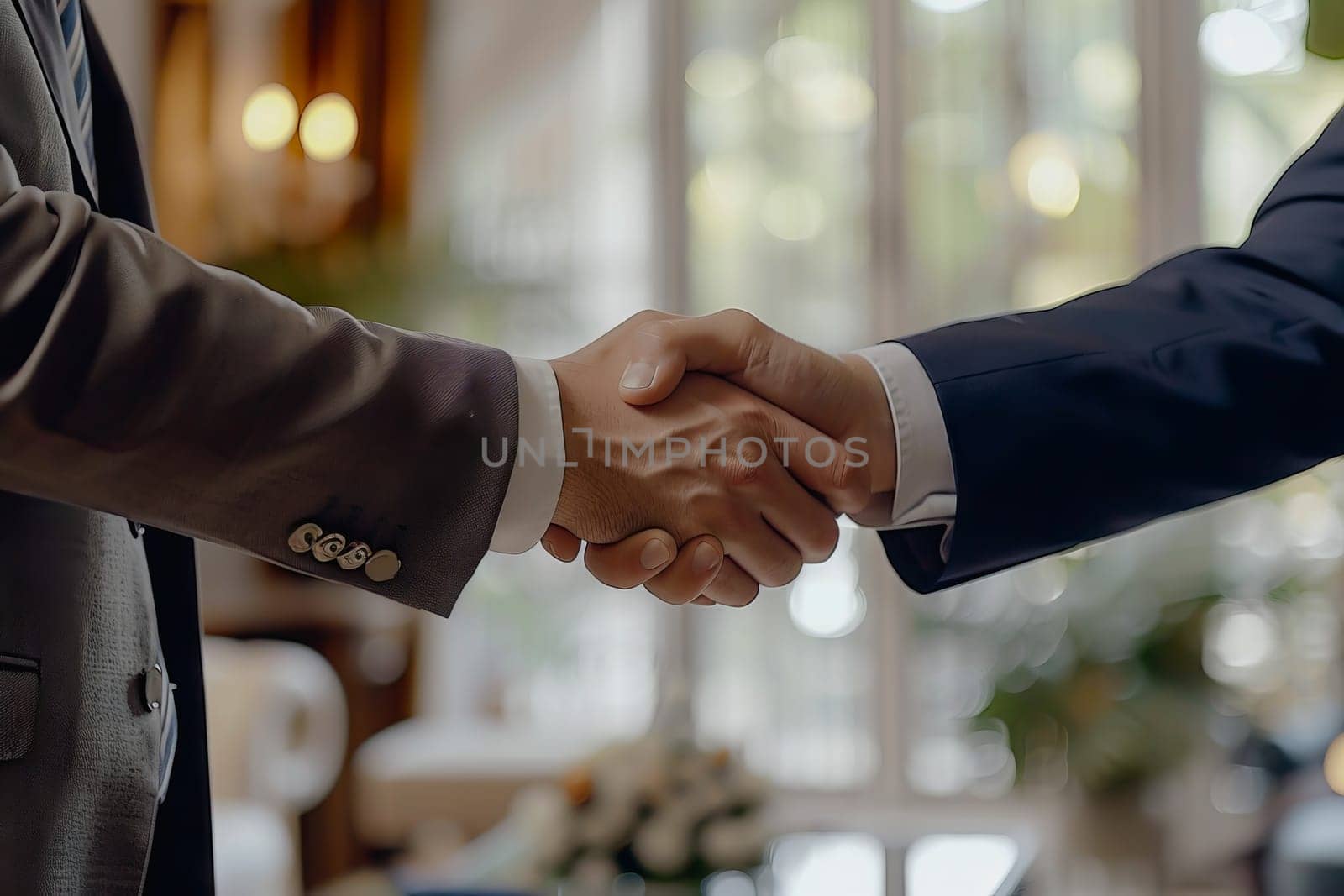 powerful handshake Male businessmen congratulate each other and respect each other. by Manastrong