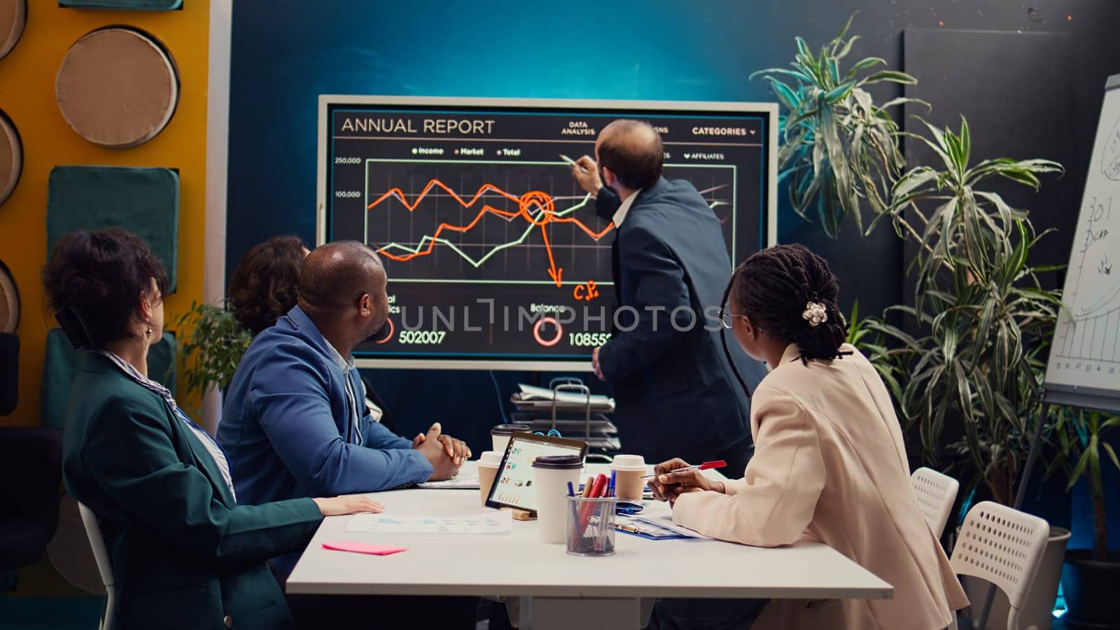 Business team trying to eliminate risks of unforeseen events and disruptions, discussing supply chain resilience and contingency planning. Diverse staff members accomplishing goals. Camera B.