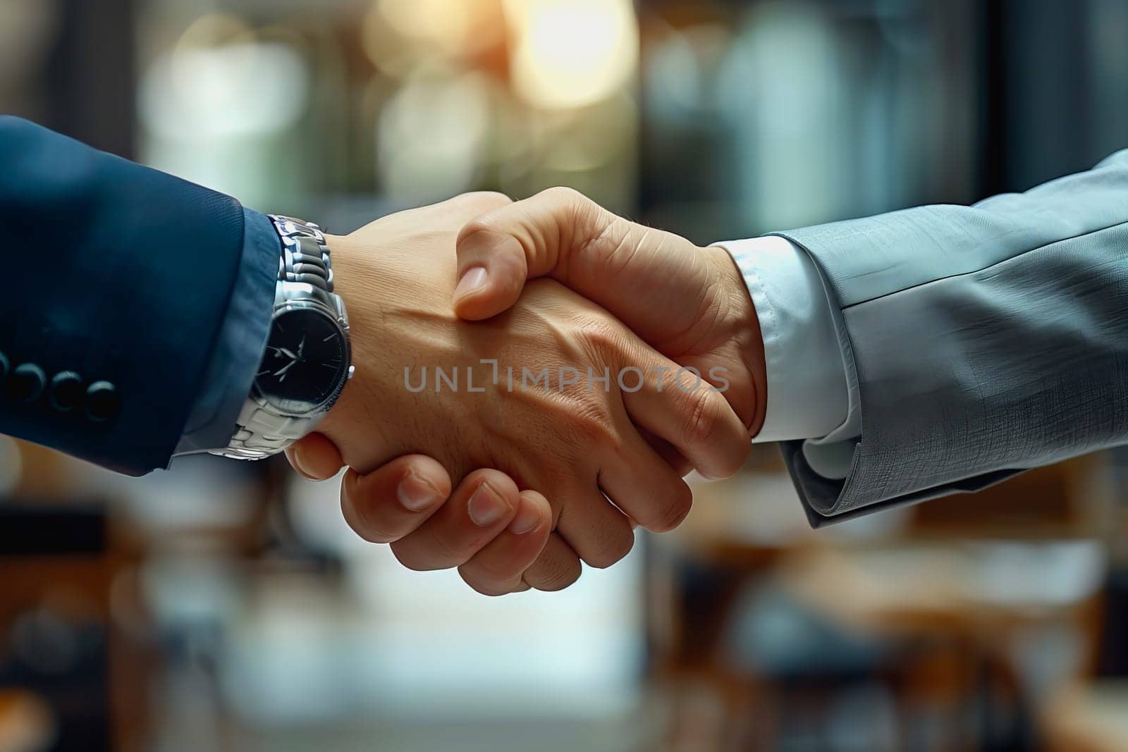 powerful handshake Male businessmen congratulate each other and respect each other. by Manastrong