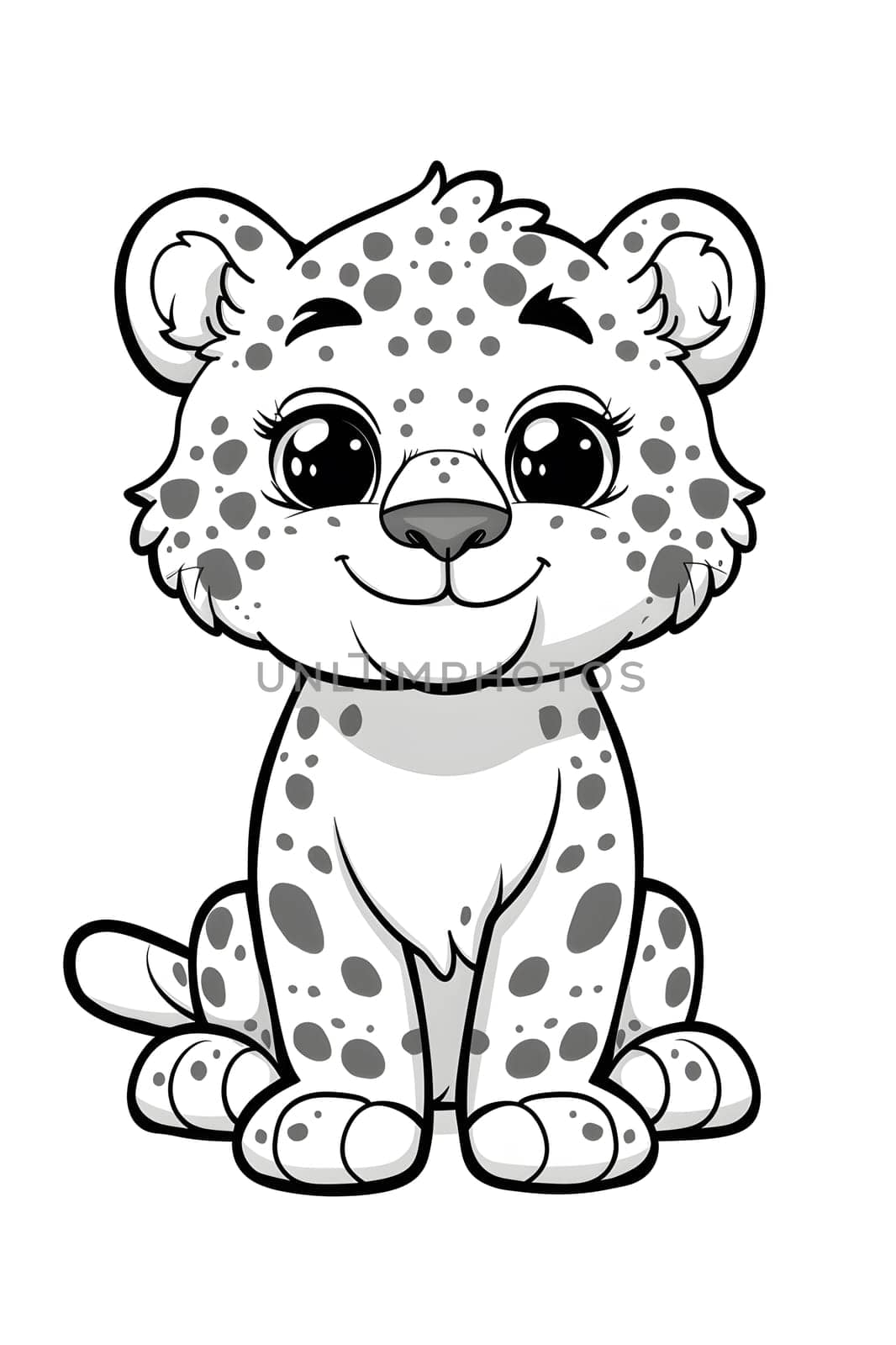 A monochrome cartoon drawing of a baby leopard sitting with its nose, head, and eye detailed. This vertebrate is a toy resembling a felidae mammal, with a jaw and a cute appearance