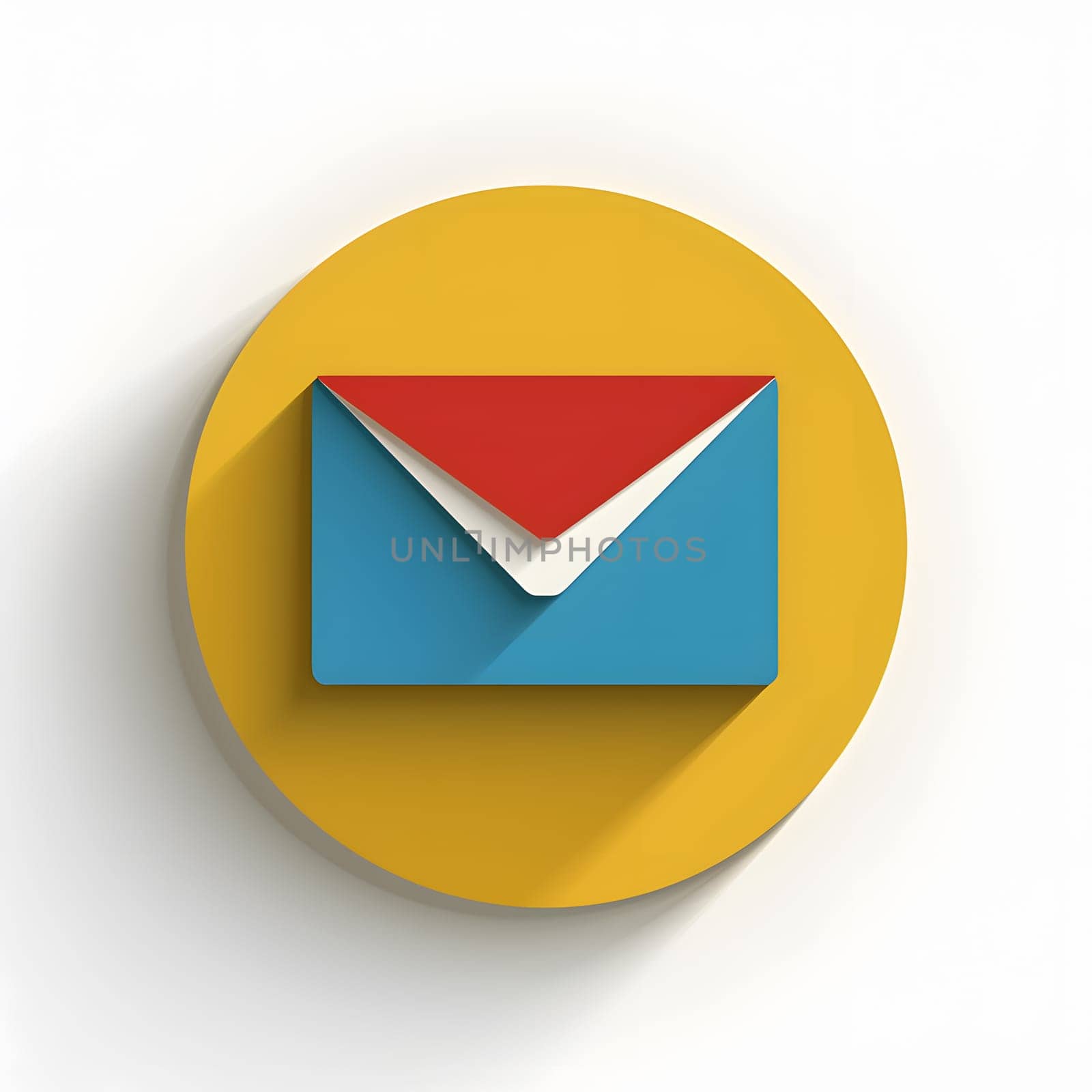 A yellow circle featuring a triangle symbol in electric blue and carmine, along with a red envelope, creating a unique art piece. The design can be used as a logo, sign, or graphic element