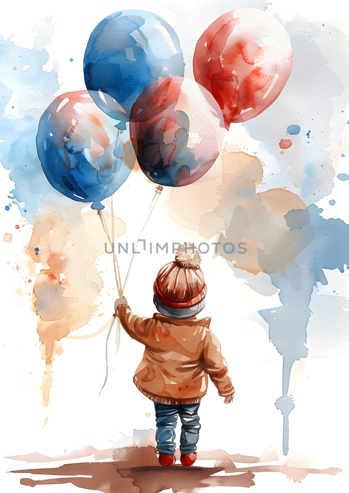 A watercolor art piece of a toddler happily holding colorful balloons. The joyful gesture captures the essence of a party supply event in nature
