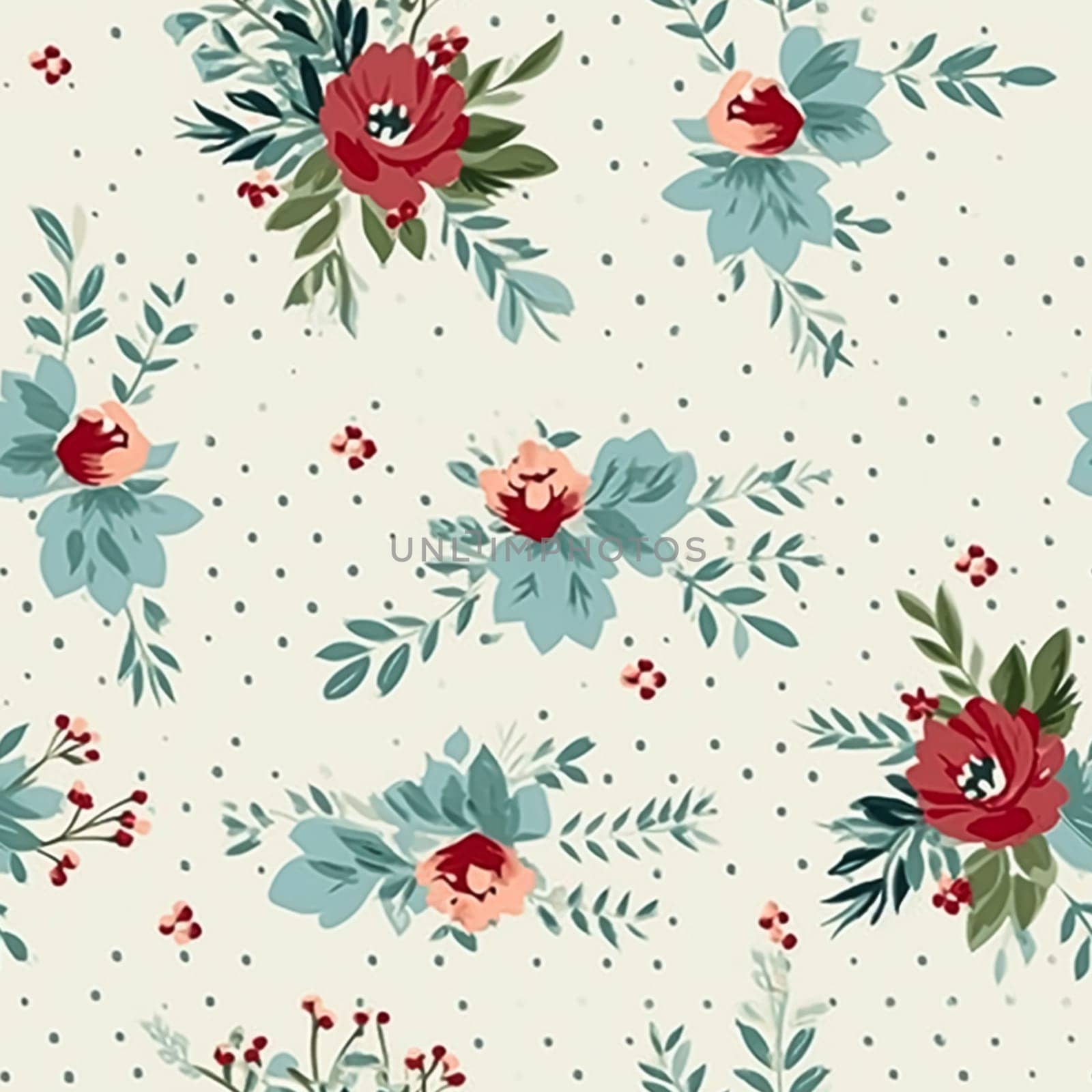 Seamless pattern, tileable Christmas holiday floral country dots print, English countryside flowers for wallpaper, wrapping paper, scrapbook, fabric and product design by Anneleven