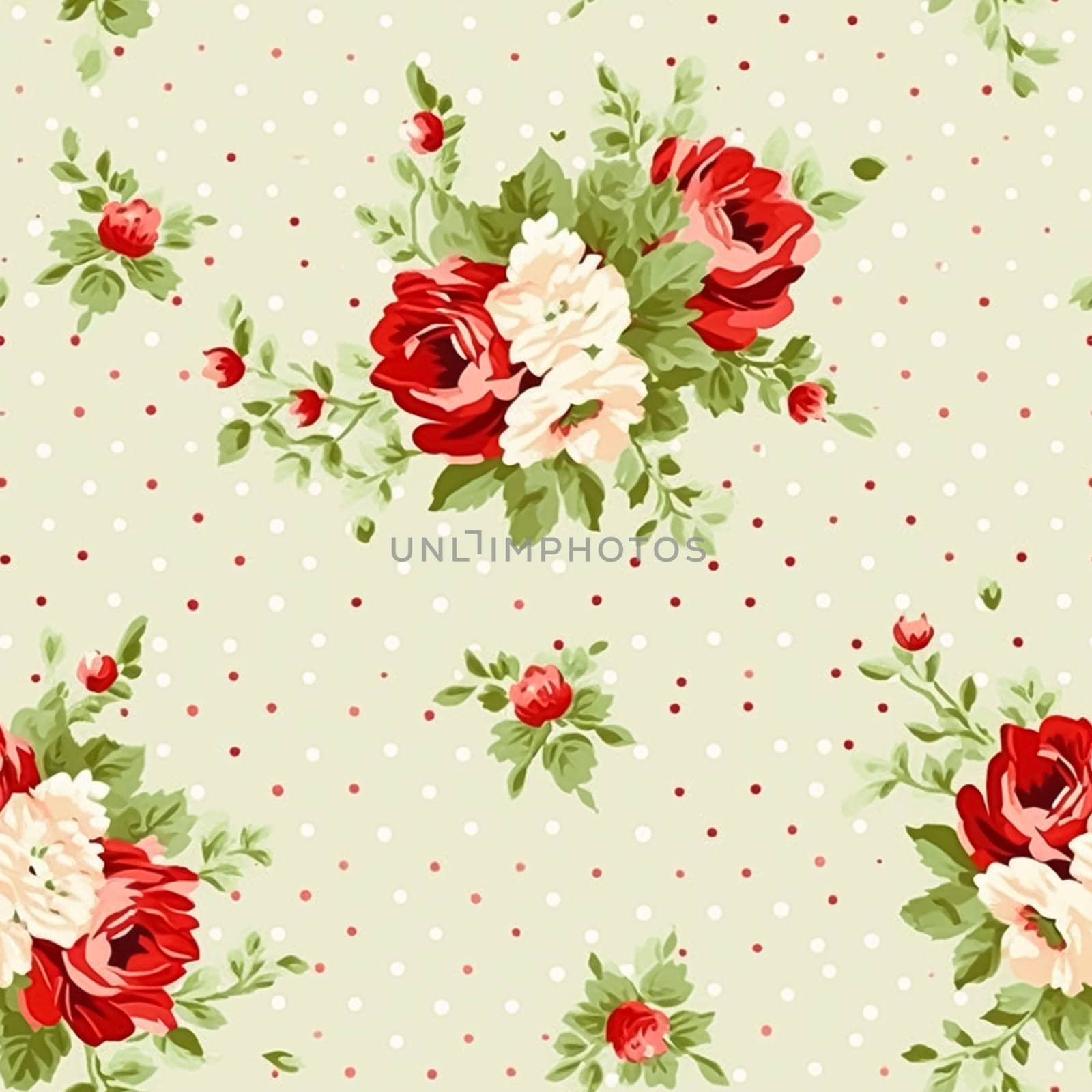 Seamless pattern, tileable floral country holiday print with roses, dots and flowers for wallpaper, wrapping paper, scrapbook, fabric and polka dot roses product design by Anneleven