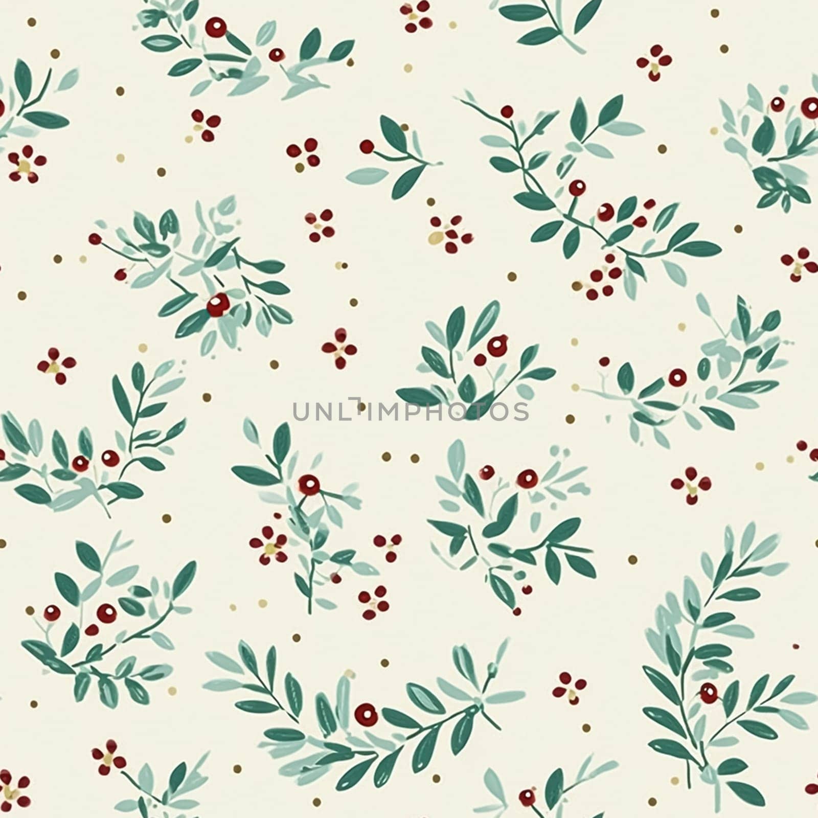 Seamless holiday pattern, tileable botanical English holly, winterberry Christmas branch country print for wallpaper, wrapping paper, scrapbook, fabric and product design by Anneleven