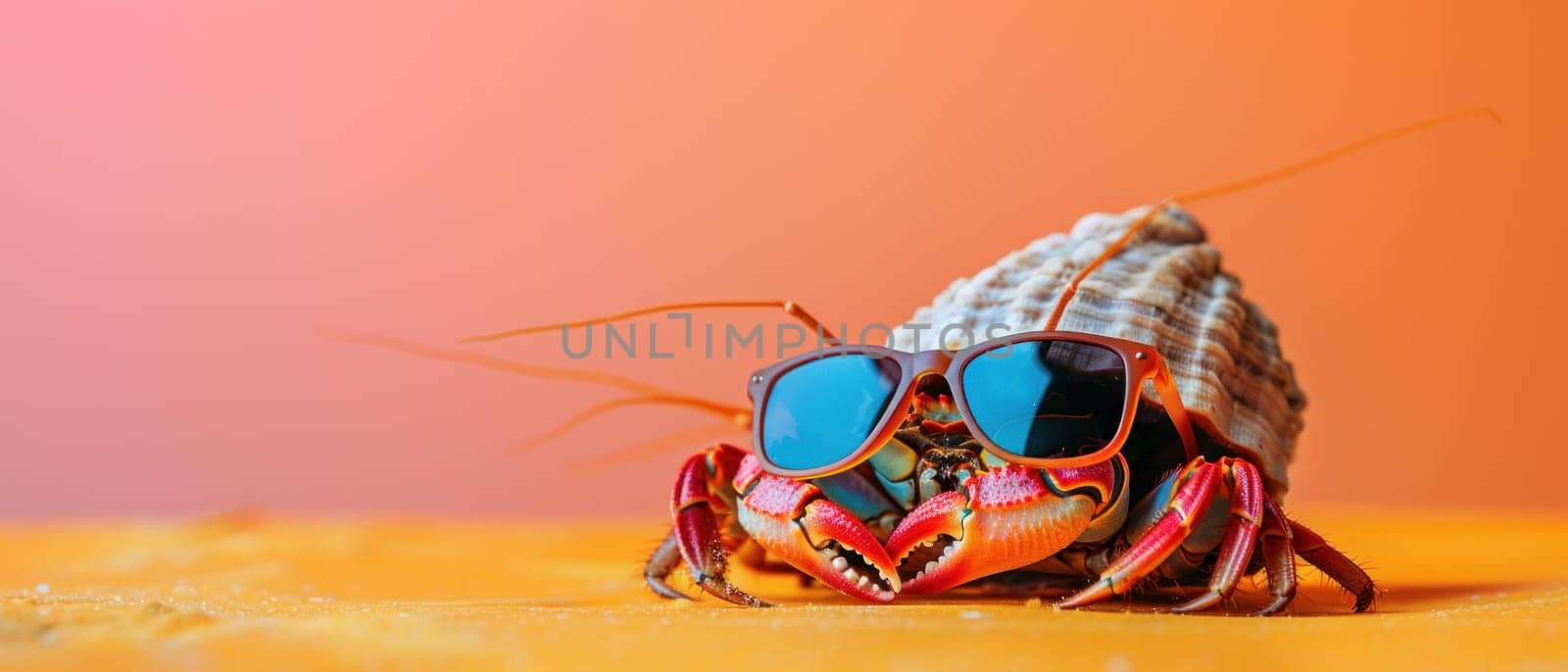 A crab wearing sunglasses is sitting on a sandy beach.