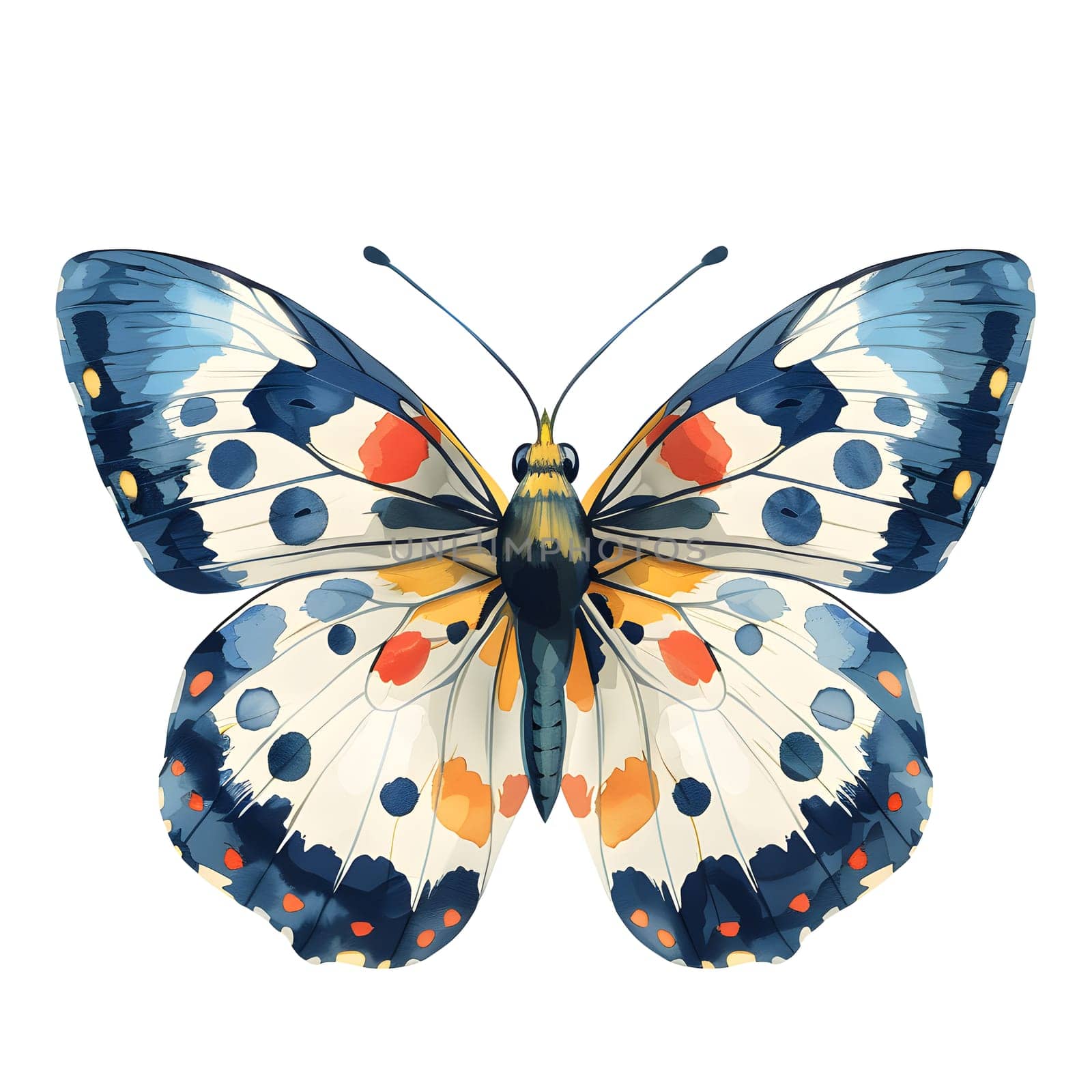 A colorful butterfly with blue, white, and orange wings on a white background by Nadtochiy