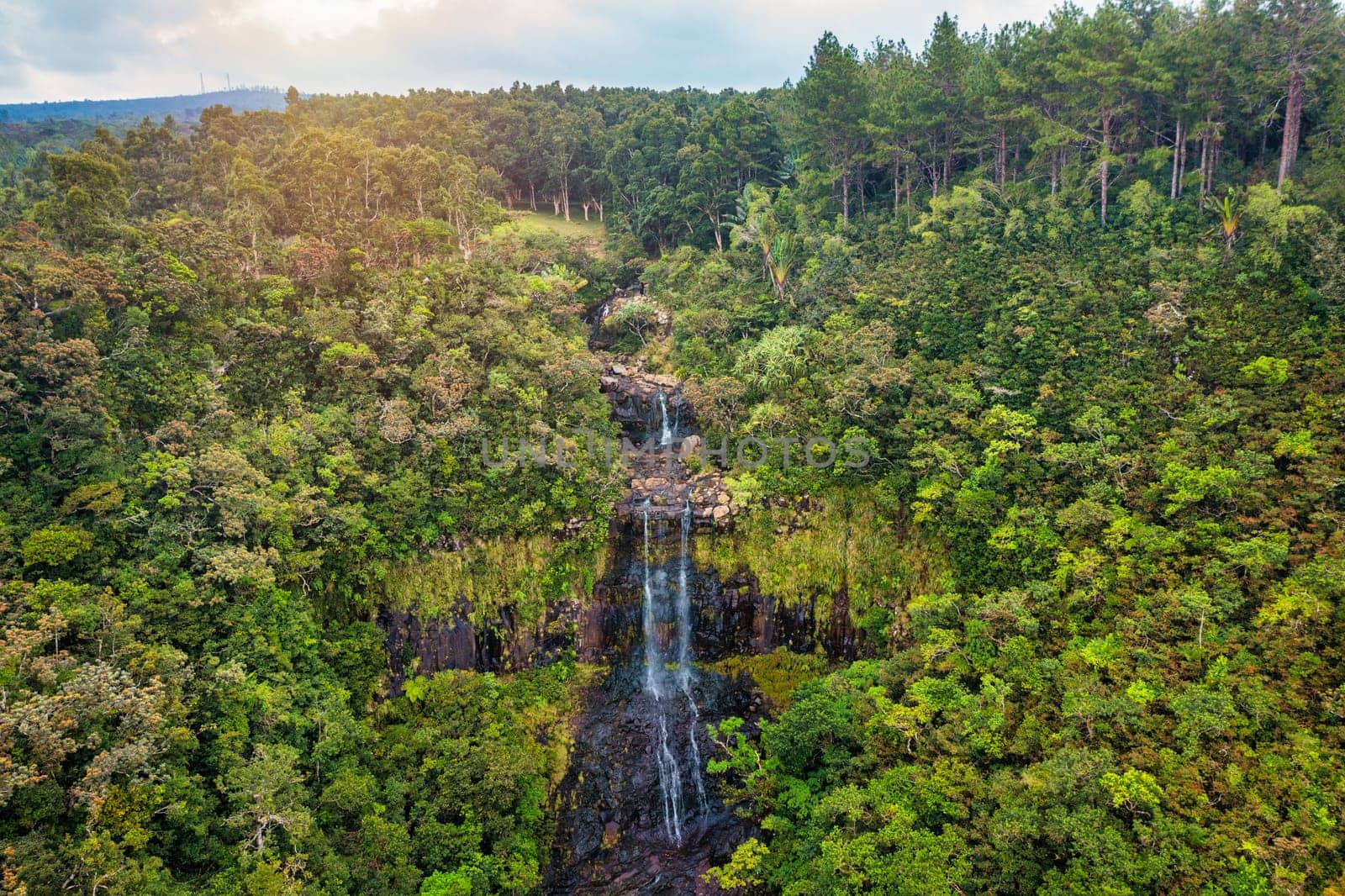 The Alexandra falls in the jungle of Mauritius island. Alexandra Falls aerial view in the Black River national park on paradise Island of Mauritius with the waterfall Alexandra Falls, Mauritius.