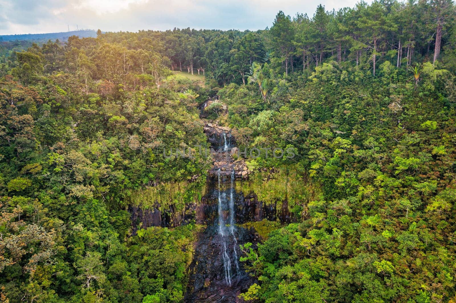 The Alexandra falls in the jungle of Mauritius island. Alexandra Falls aerial view in the Black River national park on paradise Island of Mauritius with the waterfall Alexandra Falls, Mauritius.