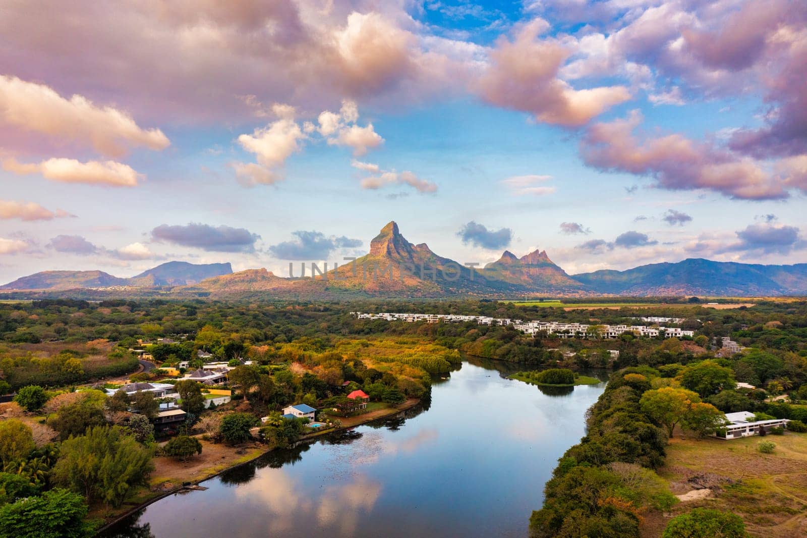 Rempart mountain view from Tamarin bay, Black river, scenic nature of Mauritius island. Beautiful nature and landscapes of Mauritius island. Rempart mountains view from Tamarin bay, Mauritius.